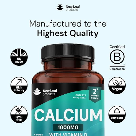 Calcium and Vitamin D3 Tablets - Calcium Supplement - 120 High Strength Tablets with Vitamin D3 - Made in The UK by New Leaf Bone & Muscle Health