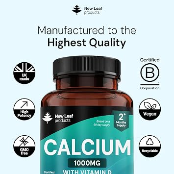 Calcium and Vitamin D3 Tablets - Calcium Supplement - 120 High Strength Tablets with Vitamin D3 - Made in The UK by New Leaf Bone & Muscle Health