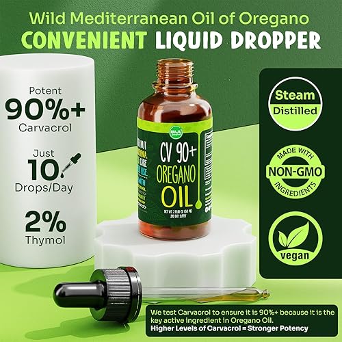 Miniatura 2 de MAJU - Gotas de aceite de orégano, potente 90% + Carvacrol (2 fl oz), aceite esencial mediterráneo silvestre de líquido de orégano, aceite de