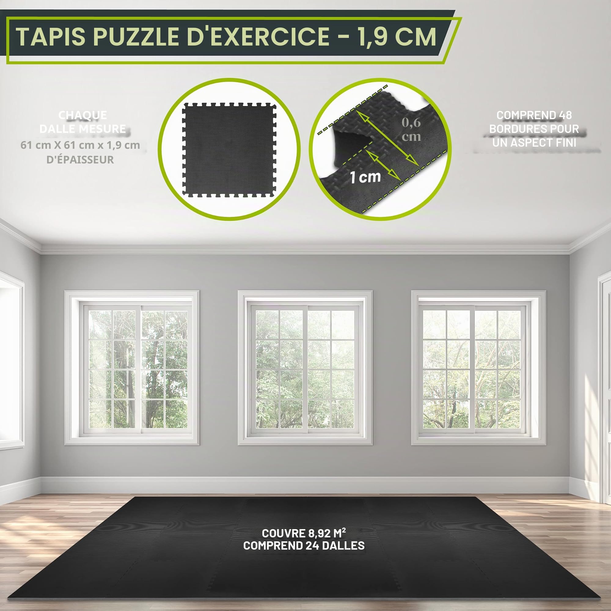 ProsourceFit Weaved Pattern Extra Thick Exercise Puzzle Mat 3/4-inch, EVA Foam Interlocking Tiles for Protective, Cushioned Flooring for Home and Gym Equipment; Black, 96 SQ FT, 24 Tiles