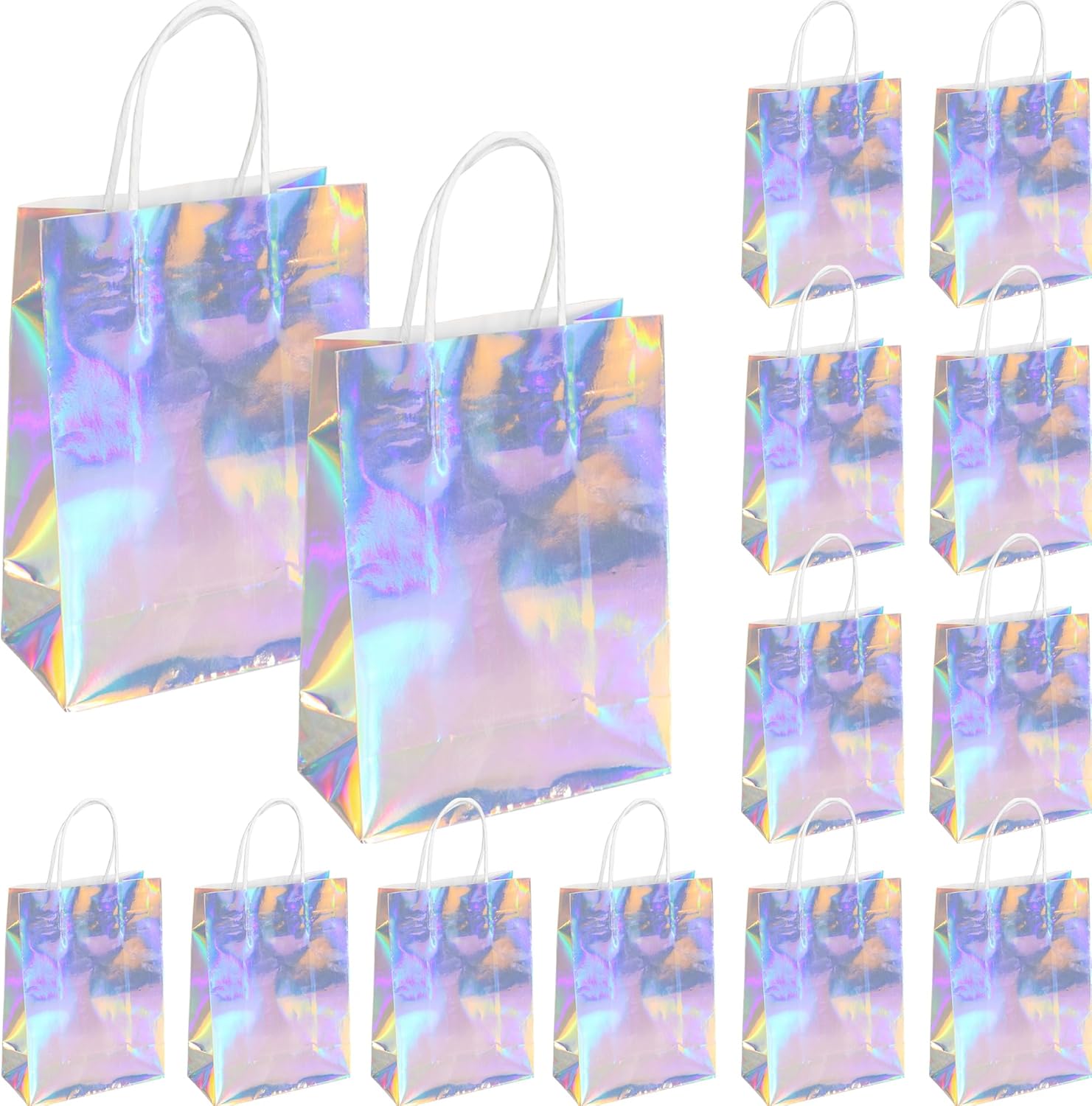 Hitkmi 24 Pcs Holographic Party Favor Bags Bulk, Iridescent Gift Bags, Small Silver Holographic Iridescent Goodie Paper Snack Candy Bags with Handles for Birthday, Baby Shower, Wedding