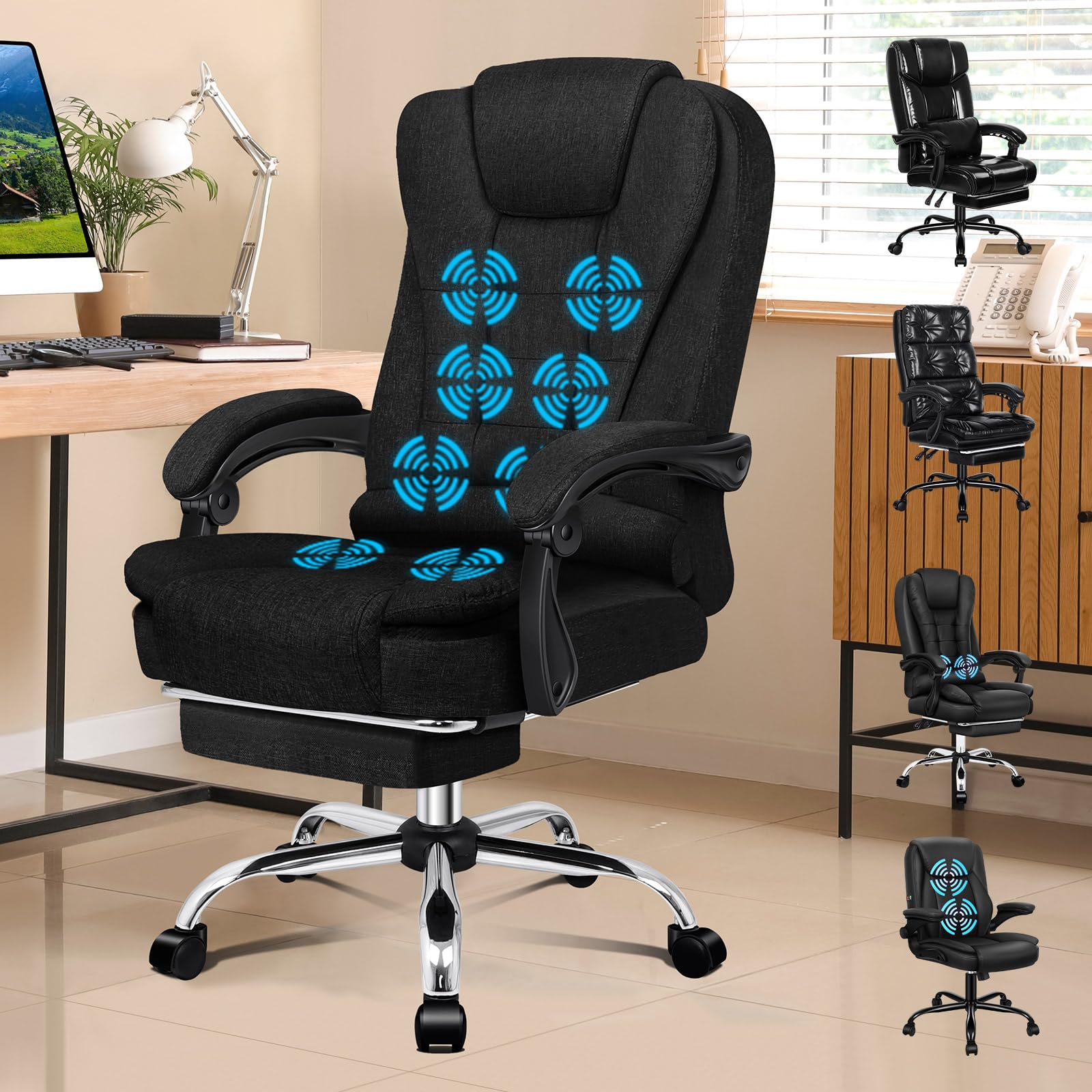 ALFORDSON Bürostuhl mit Massagefunktion, ergonomisches Design mit großer Sitzpolsterung, Lendenwirbelstütze, Rollen, für reibungslose Mobilität im Büro, Schwarz, Leinen Fabric
