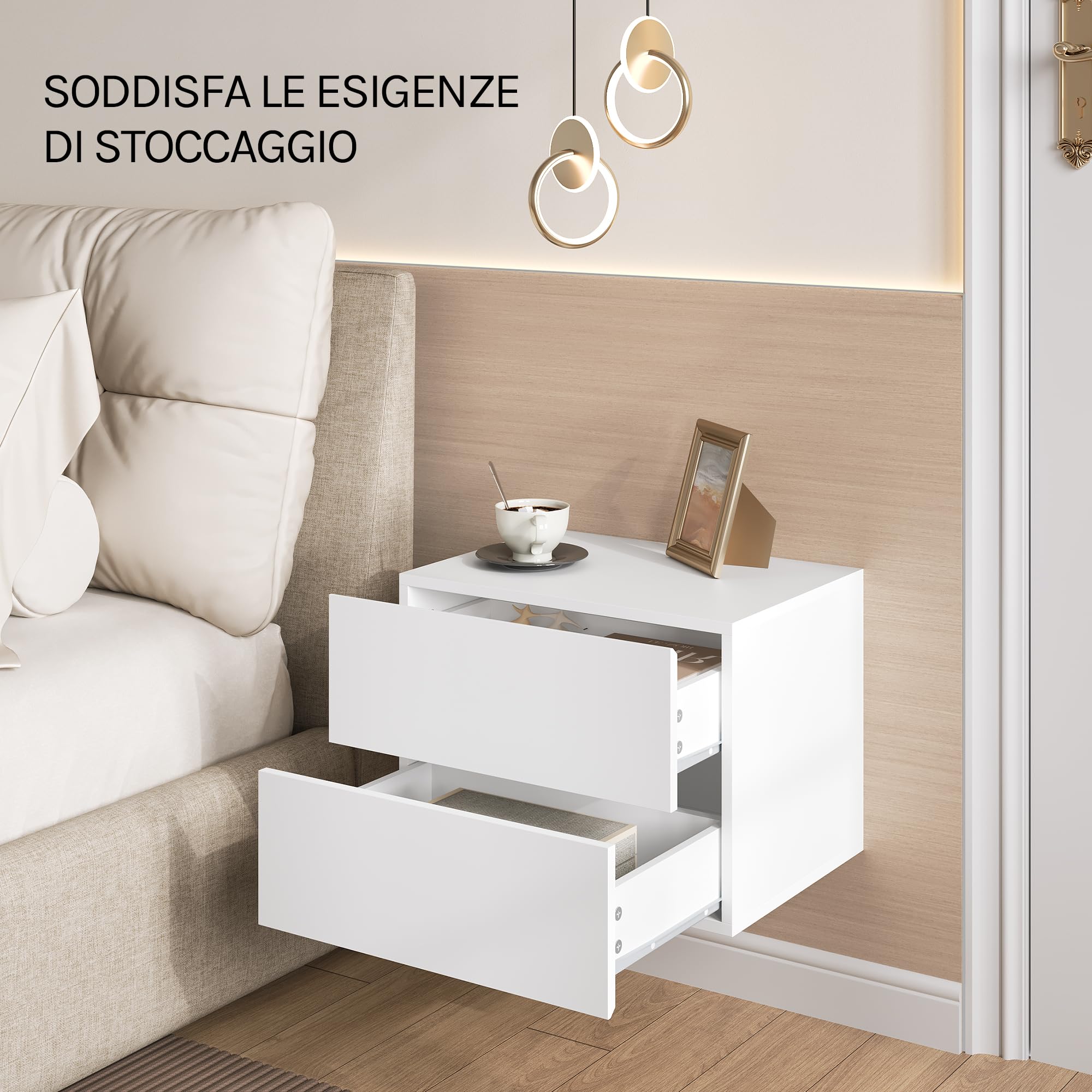 WOLTU Set di 2 Comodini Sospesi con Cassetto, Comodini Galleggianti, 40x30x30 cm, Mobili per Camera da Letto in Legno, Salvaspazio, Moderno, Bianco