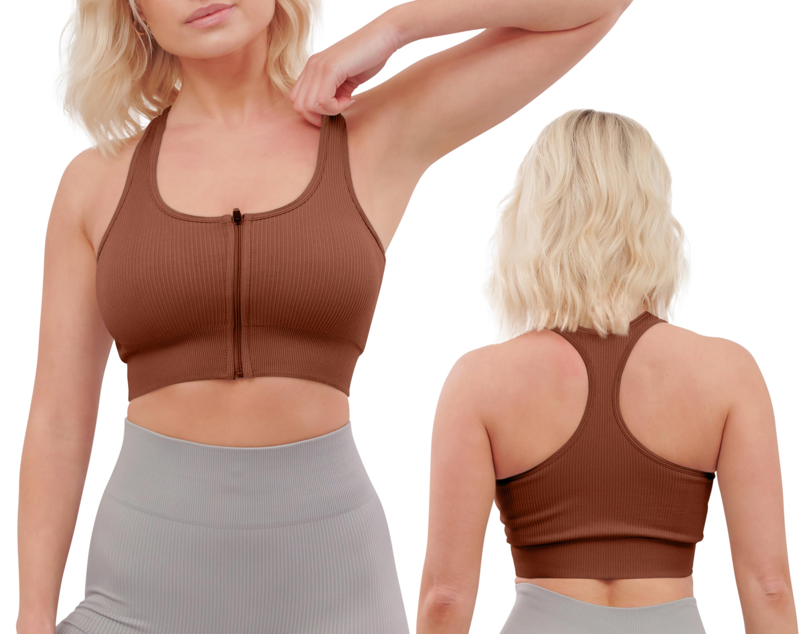 High Impact Sports Bras for Womens Zip Front Fastening Sports Bra Post Surgery Bras Wirefree Removable Pads Gym Workout Fitness Yoga Running Crop Top