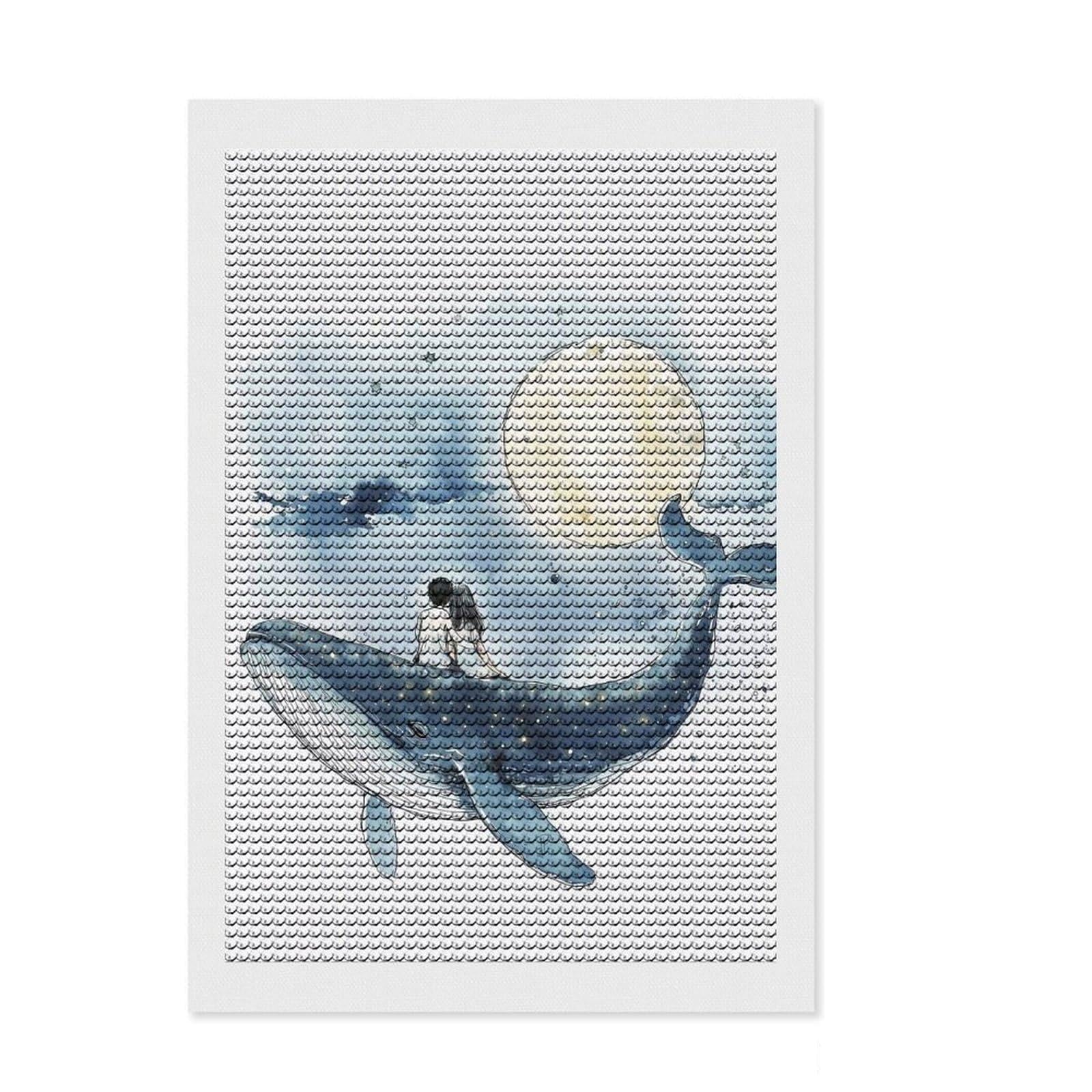 Junmoney Couple on Whale Under Moon Diamond Art Canvas 8"x12", Birthday Gift, for Adults, Creative Leisure Activity, Aesthetic Room Decor