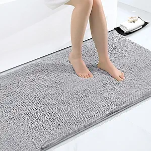 Smiry Luxury Chenille Bathroom Rugs 59x35, Extra Soft and Absorbent Shaggy Bath Mat, Machine Washable, Non-Slip Plush Carpet Runner for Tub, Shower, and Floor, Home Decor Accessories, Light Grey