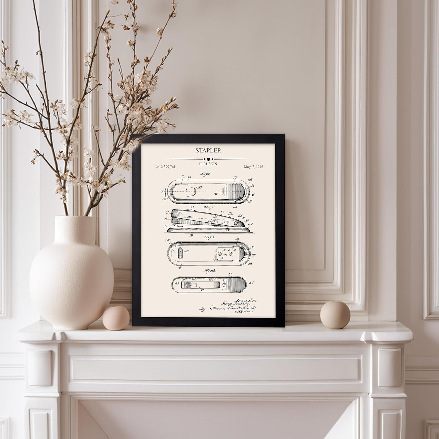 Poster Master 4-Piece Stapler Patent Print - Office Blueprint Poster - Fountain Pen & Stamp Art - Technical Drawing Design - Great Office or Workplace Wall Decor - 11x14 Black Framed