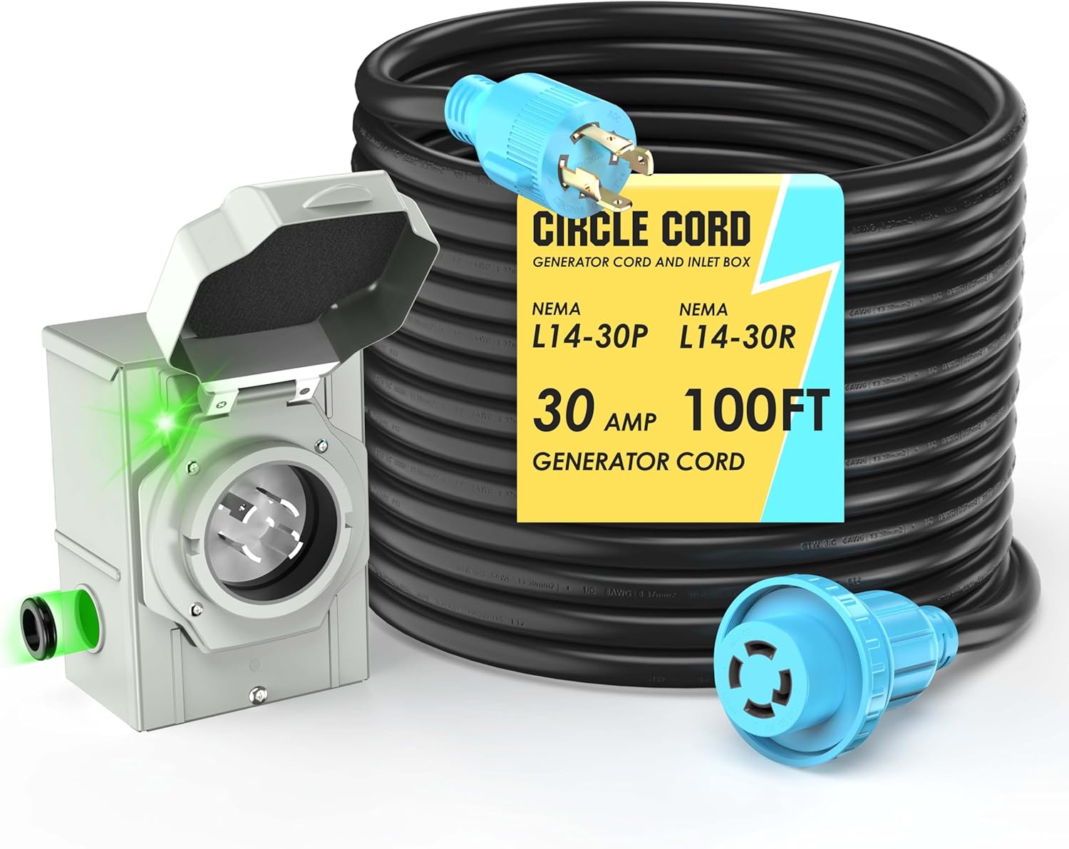 CircleCord 4 Prong 100 Feet 30 Amp Generator Extension Cord and Inlet Box with Locking Connector, Heavy Duty NEMA L14-30P/L14-30R, 125/250V 7500W 10 Gauge SJTW Generator to House Power Cord