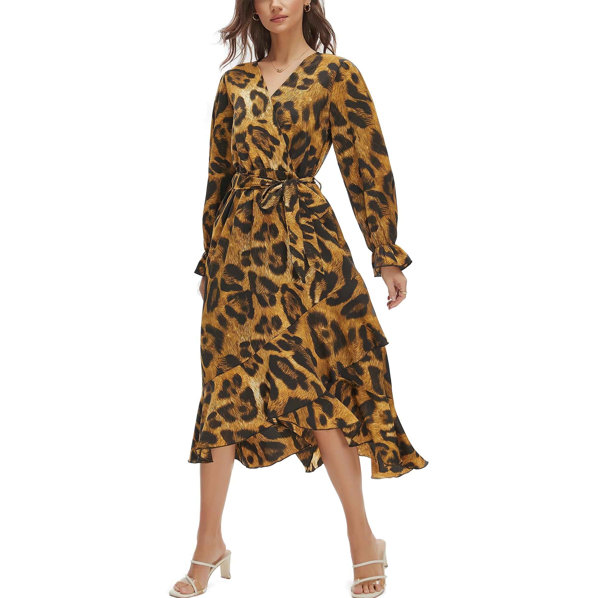 Women's Floral Bohemian Dress Long Sleeve Wrap V Neck Ruffle Flowy Maxi Casual Tie Waist Boho Asymmetrical Vacation Dresses Ruffle Sleeve