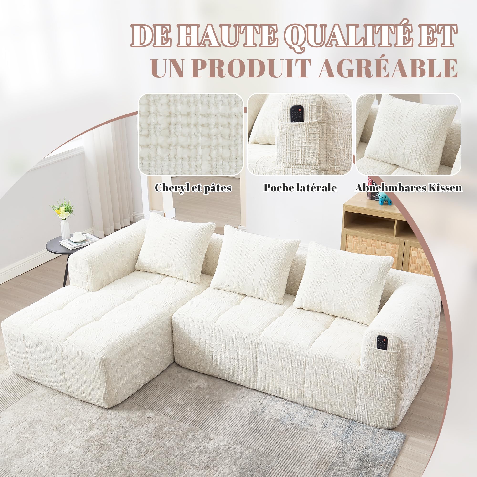 Divano angolare estensibile da 250 cm, divano letto angolare modulare a forma di L, divano compresso, divano a 3 posti con cuscini, tasca laterale, divano a 2 posti + angolo, Beige