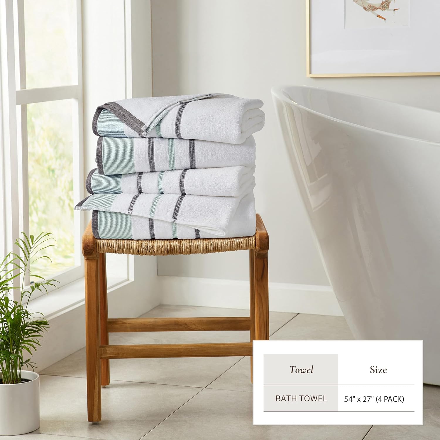 Great Bay Home Decorative Bath Towel Set - Cotton 4 Pack 54x27 Bath Towel Set - Durable Towels for Bathroom Decor (Eucalyptus/Grey)
