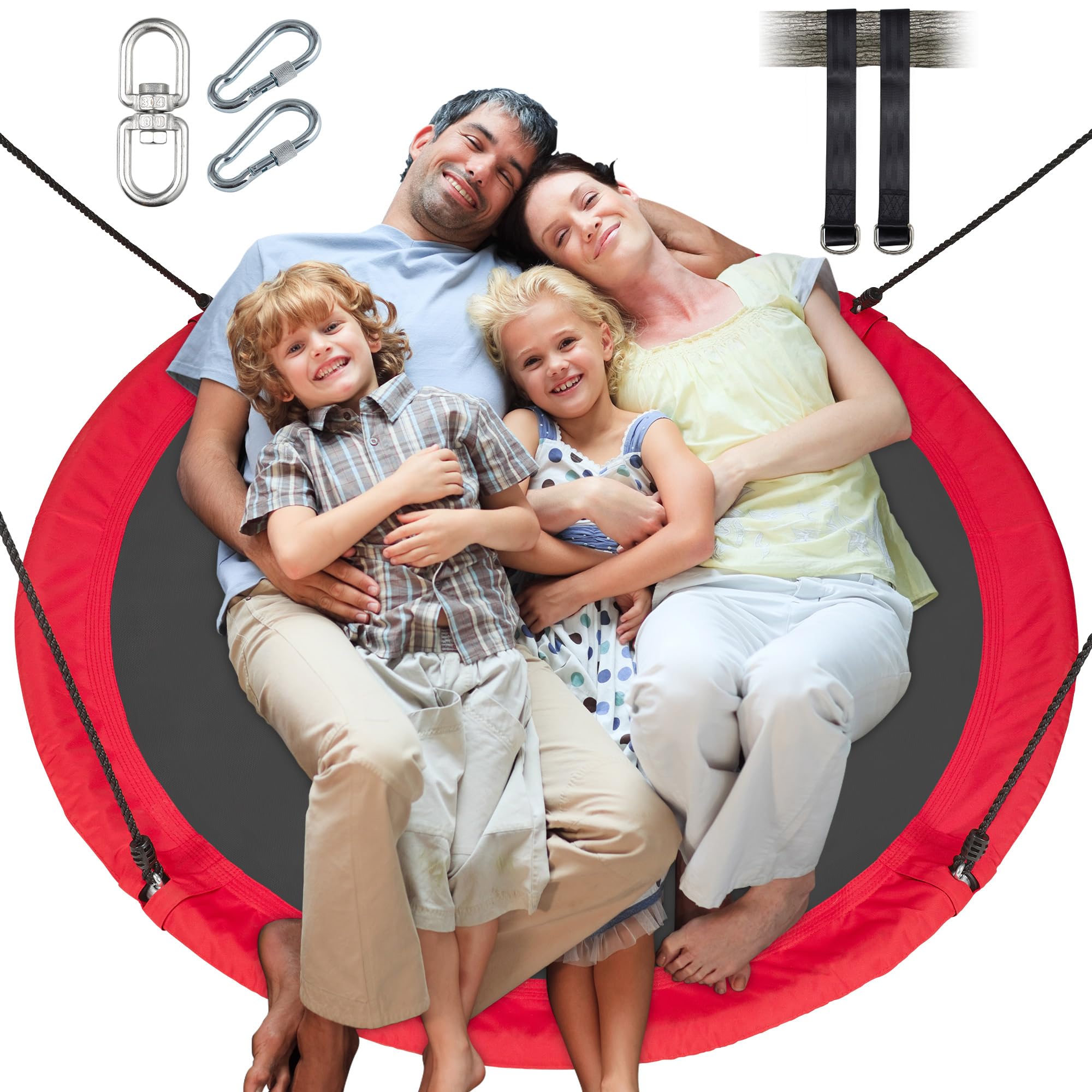 LittleLogiQ Saucer Tree Swing for Adults & Kids, 60-Inch Large Round Swings for Outdoor & Indoor, Heavy-Duty Circle Swing w/ 700lbs Capacity, 360° Rotation, 900D Oxford, 2pcs Hanging Straps - Red