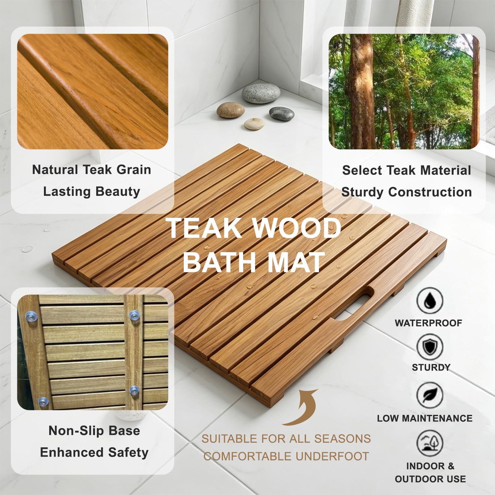 Tappetino da Bagno in Legno di Teak Pedana Doccia Impermeabile,Design a Doghe, Design rialzato per Doccia Esterna(30x30cm/11.8x11.8in)