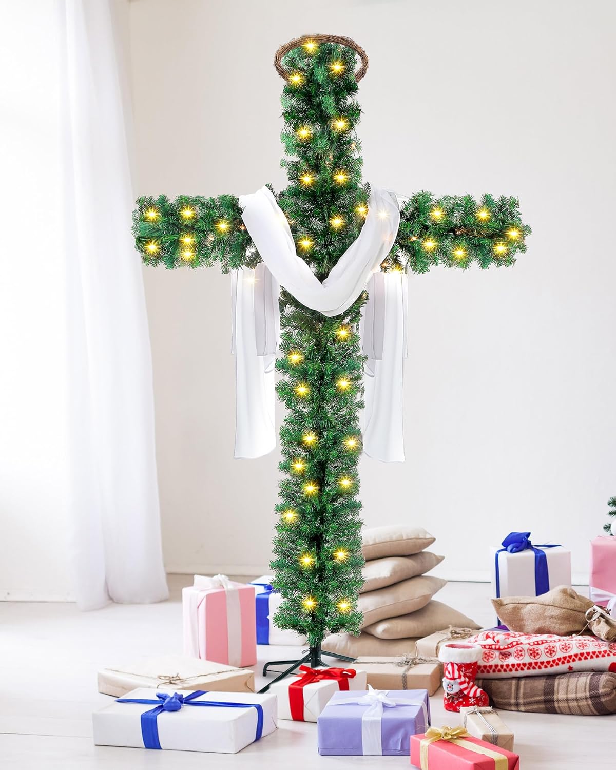 Leyndo 5ft Cross Christmas Tree with Lights, Prelit Artificial Skinny Pencil Christmas Xmas Tree with Silk Scarf and Christ Crown for Christian Holiday Church Home Decor Celebrate Lord and Savio