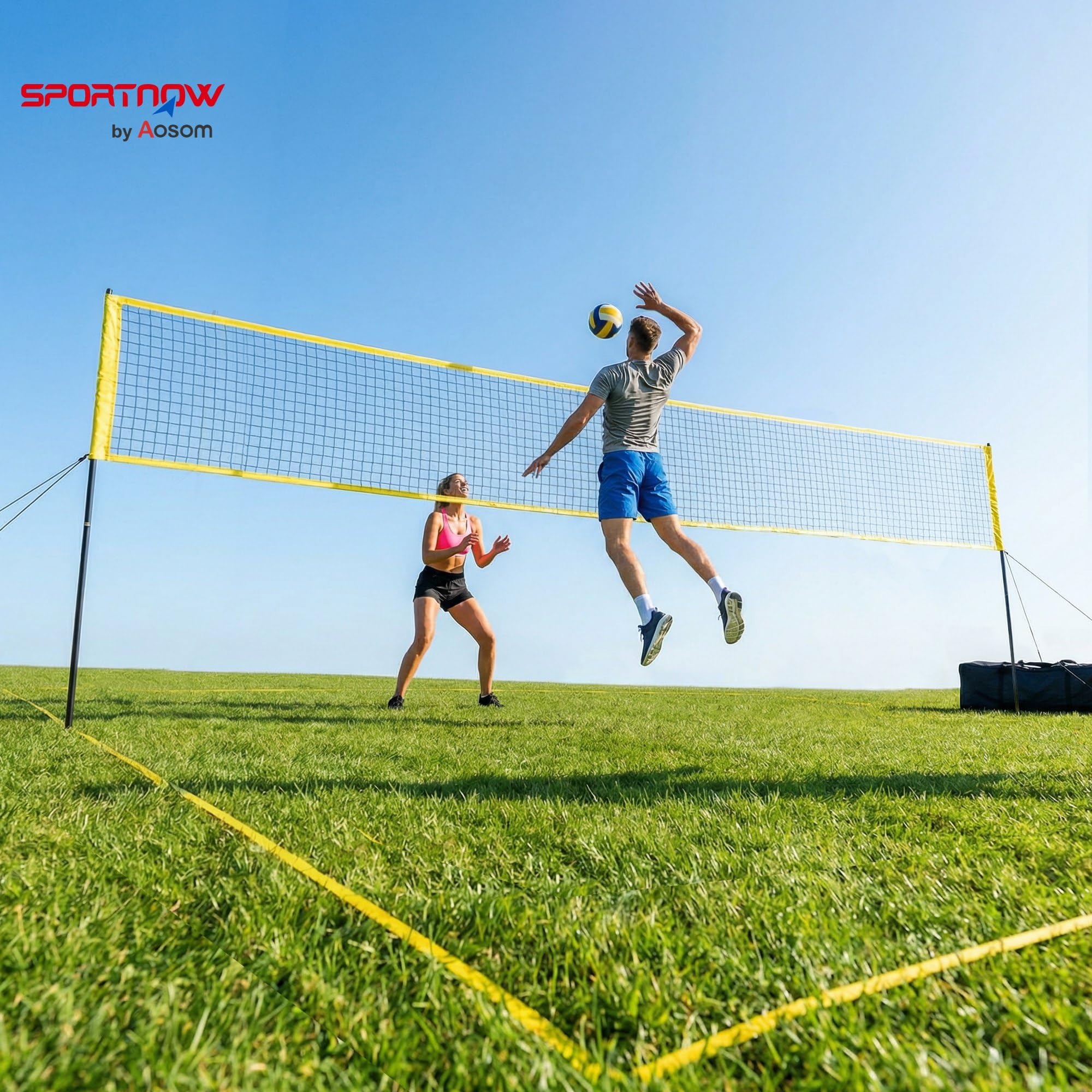 SPORTNOW Volleyballnetz Set Volleyball-Set mit höhenverstellbaren Stahlpfosten, Tragbar verstellbar Beachvolleyball-Netz mit Volleyball, Begrenzungslinie, Tragetasche, für Indoor, Outdoor