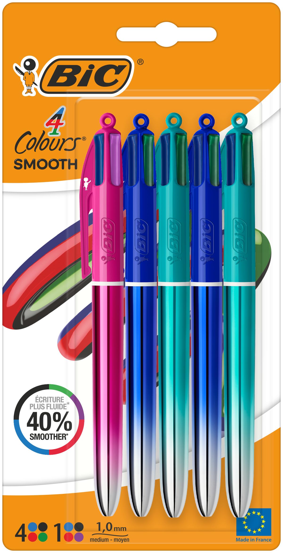 BIC 4 Colores Smooth Bolígrafo Retráctil de Punta Media (1,00 mm) con Cuerpos Degradados Azul, Verde y Rosa - Colores Surtidos, Pack de 5