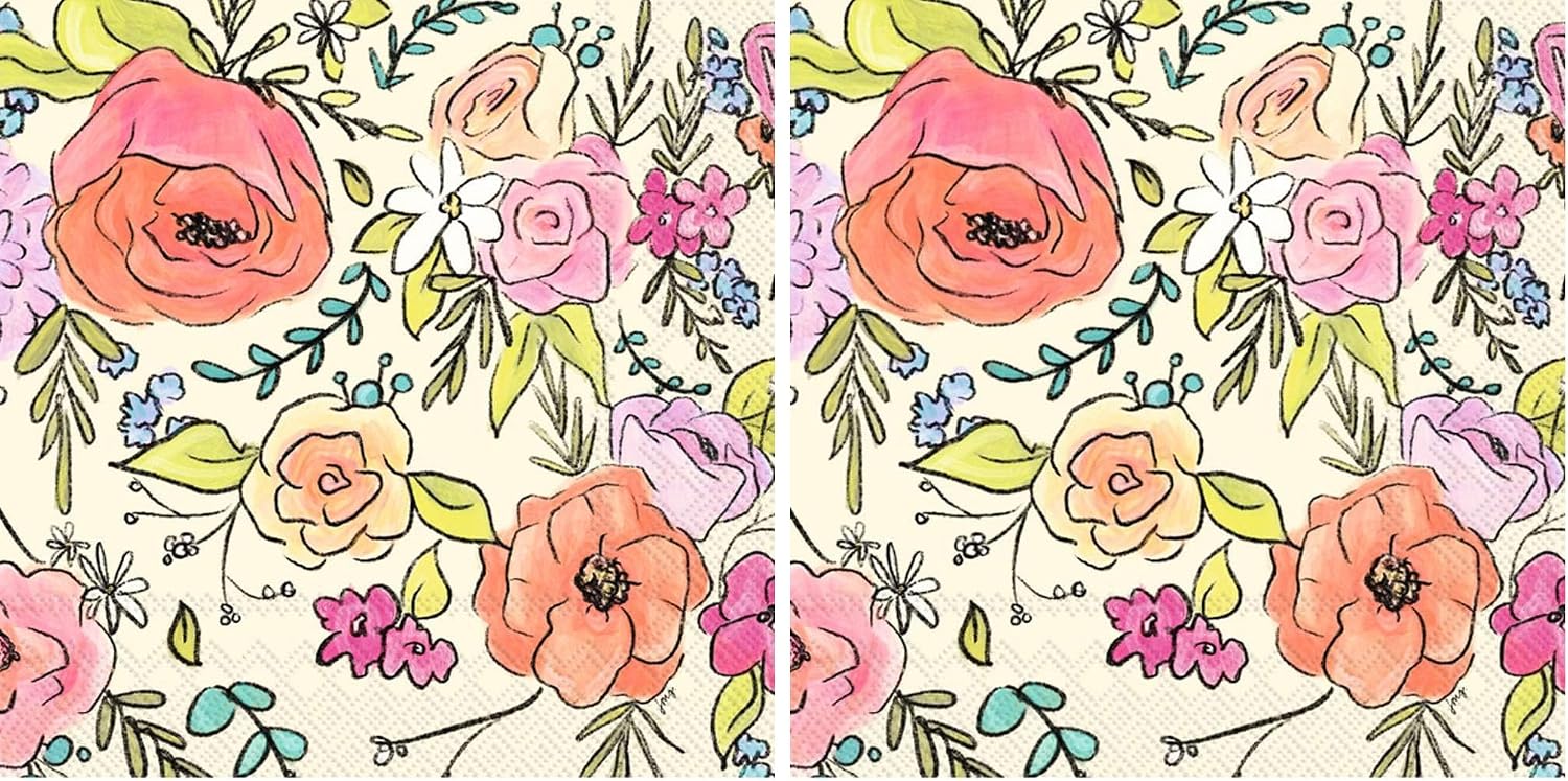Boston International IHR 3-Ply Cocktail Beverage Paper Napkins, 20-Count, 5 x 5-Inches, Flower Party Cream
