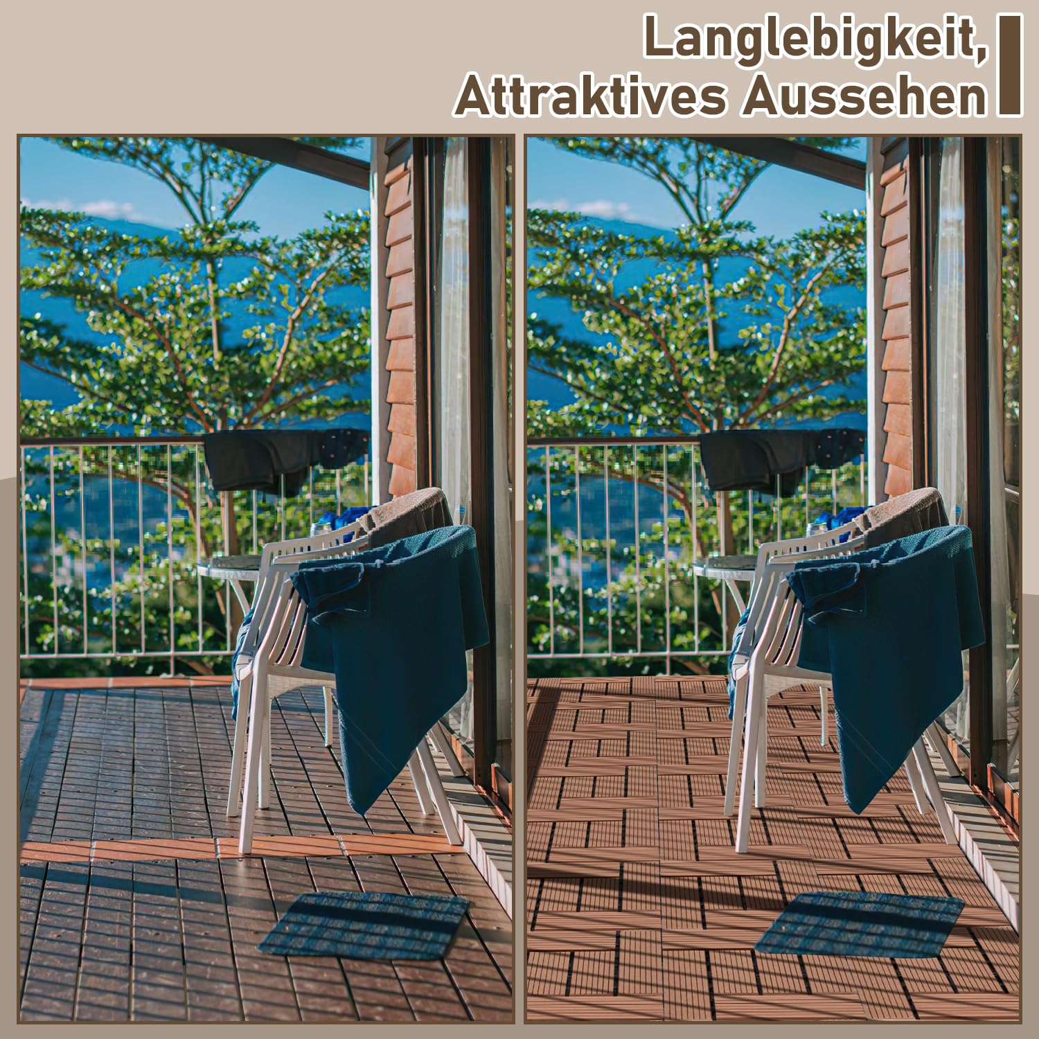 110er Set WPC Terrassenfliesen, 30x30cm Balkonfliesen Klickfliesen, WPC Fliesen für 10m², Bodenbelag mit Drainage und Klicksystem, Terrassendielen Wasserfest, für Balkon Terrasse, Braun
