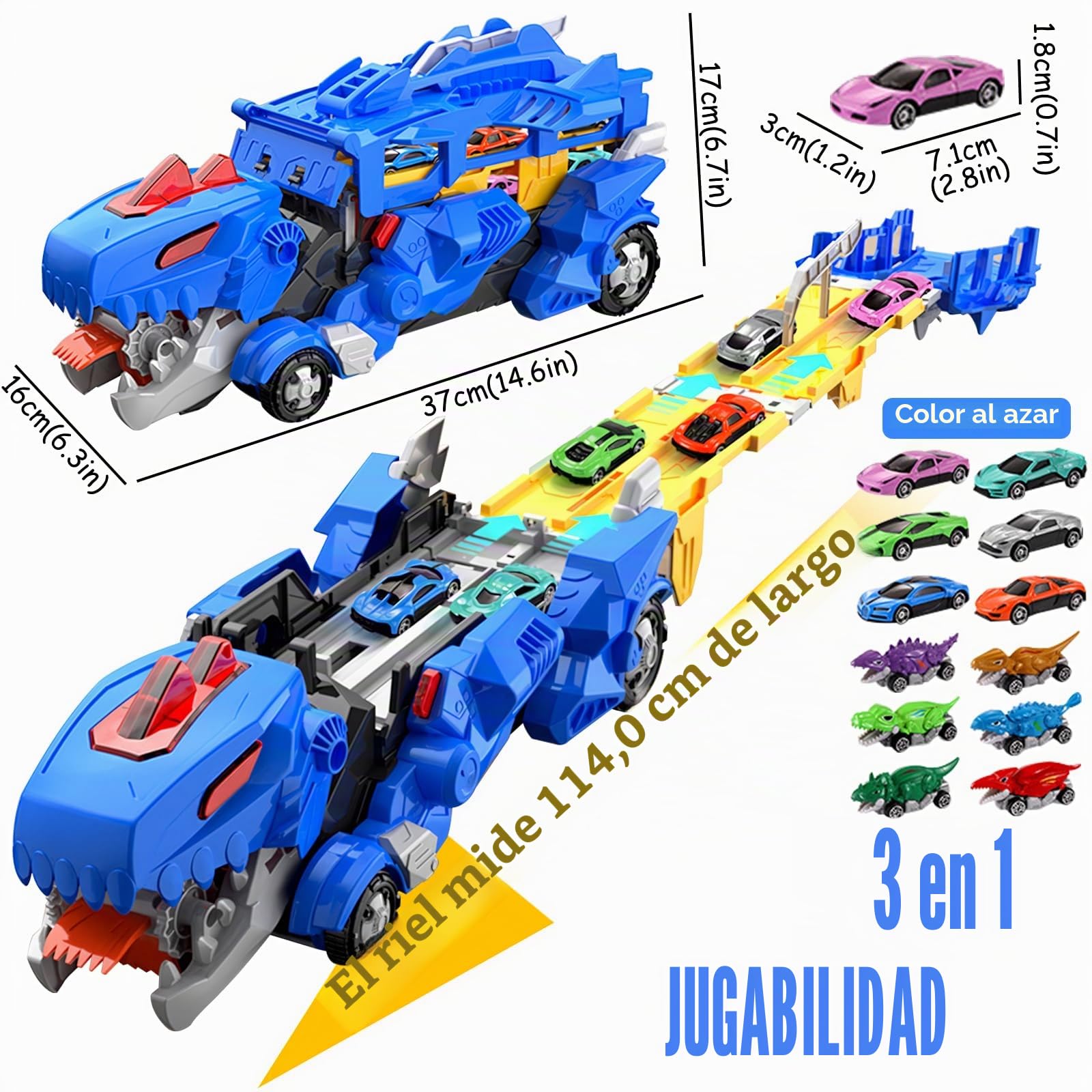 Camión de Transporte de Dinosaurios Coches de Juguete para niños con 12 Mini Coches, 3 en 1 Plegable portátil Pista de Carreras Coche de Juguete, para niños de 3, 4, 5, 6, 7, 8 Años