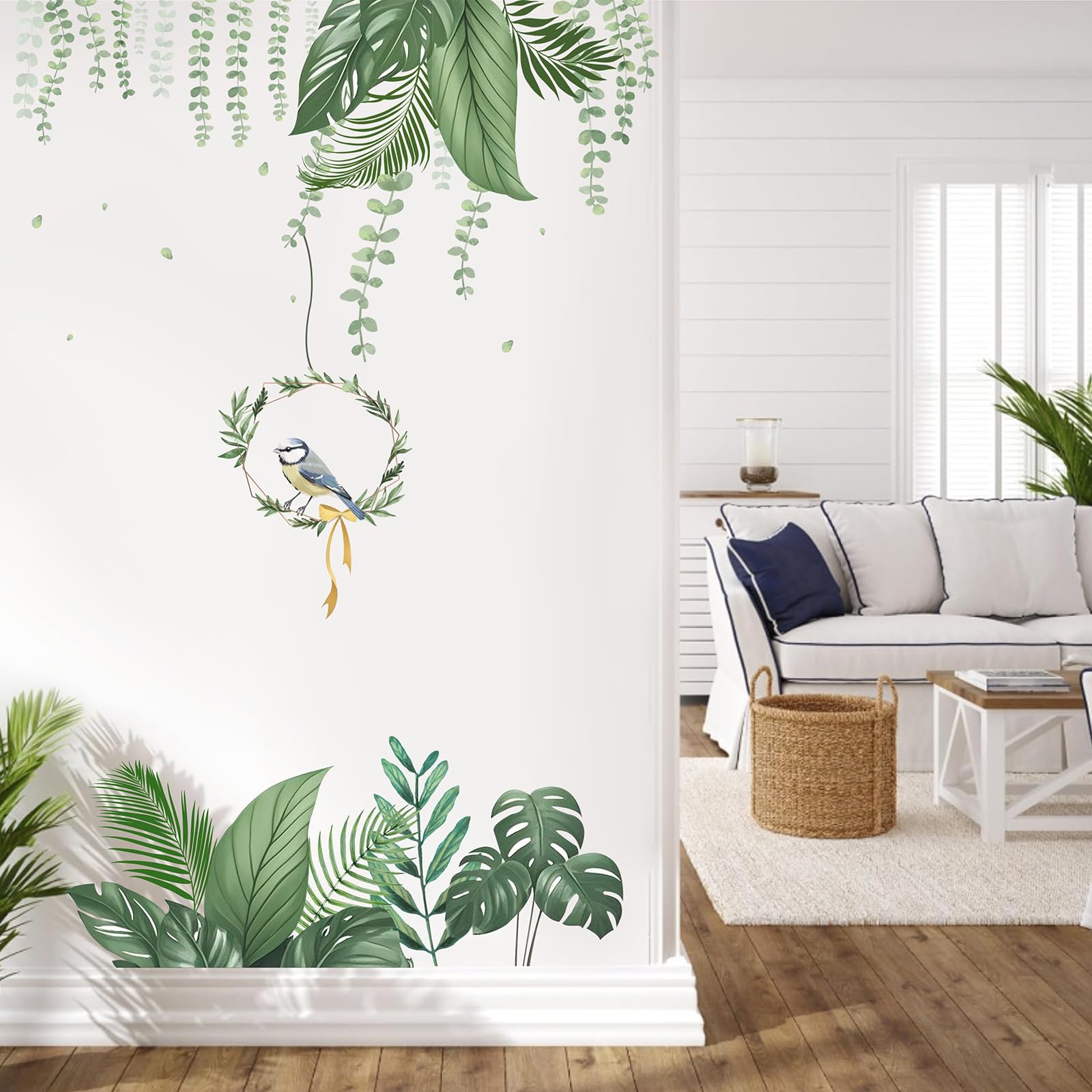 KAIRNE Green Tropical Leaves Wall Stickers Hanging Plants Green Jungle Wall Decals Parrot Wall Art Nature Hanging Vine Palm Clings for Bedroom Living Room Sofa TV Background - Image 2
