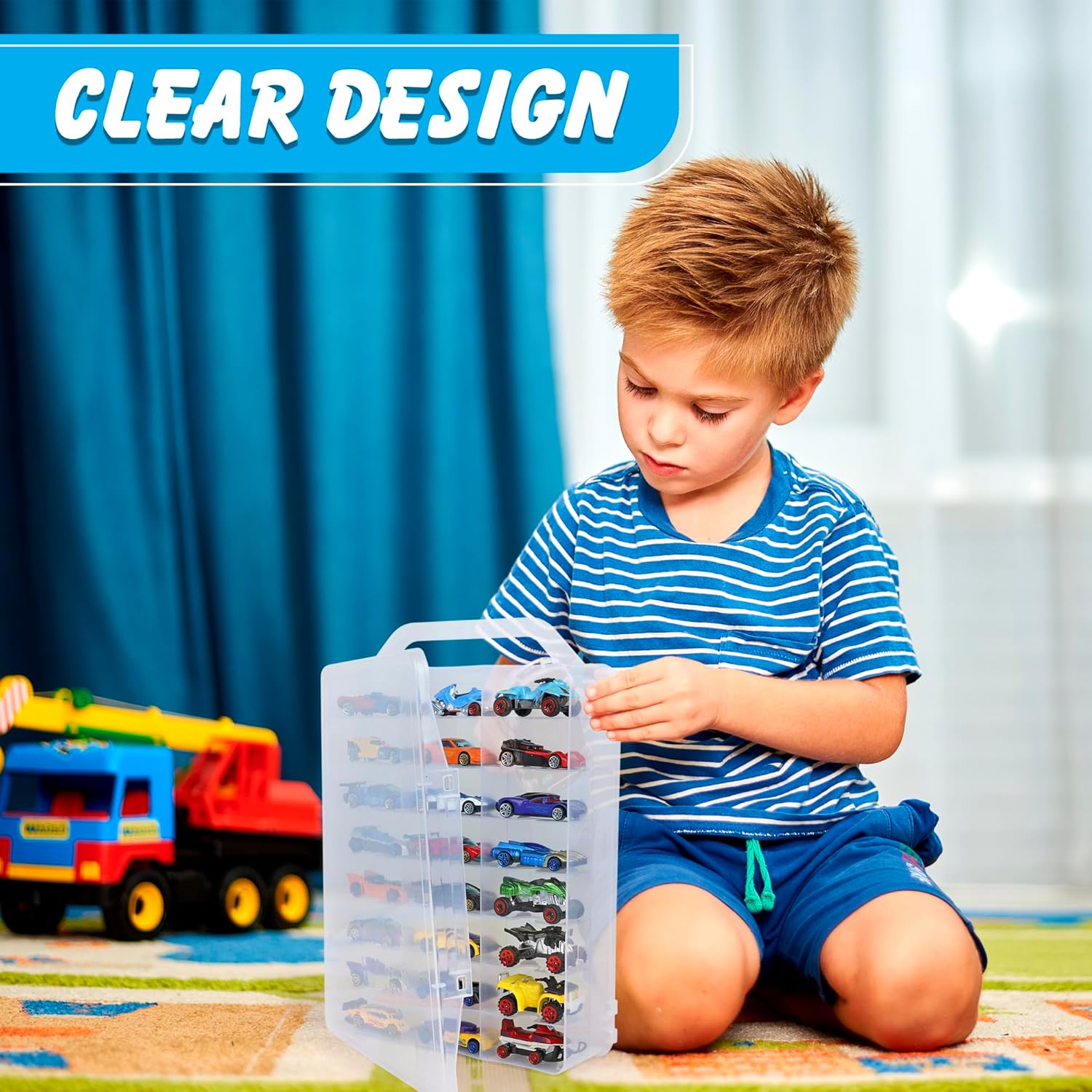 Darice Double Sided Toy Cars Case - Portable Organizer for 48 Hot Wheels, Matchbox Cars; Clear Mini Storage Box With Easy-Carry Handle