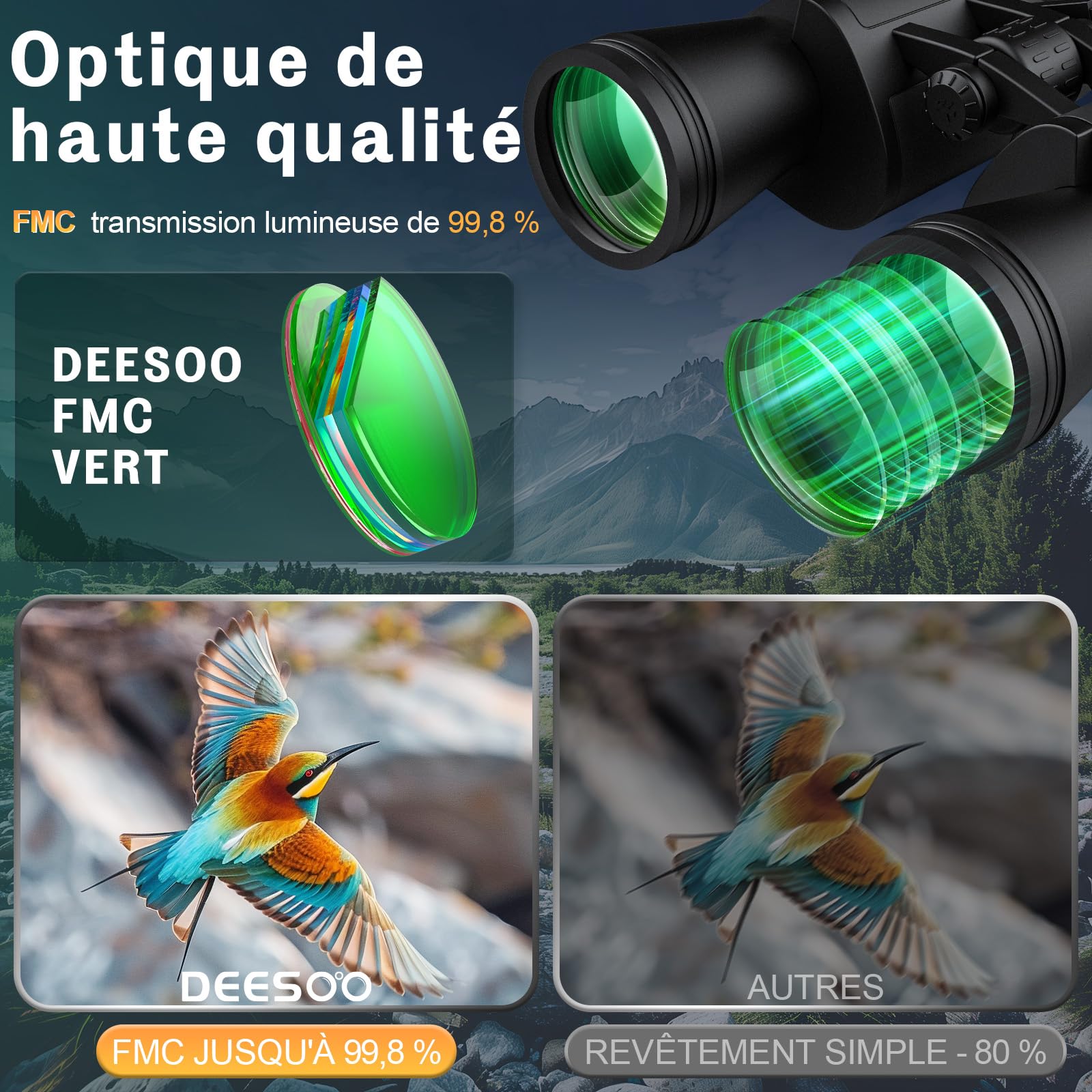 Jumelles 20x52 pour Adultes HD Grande Vue avec Faible lumière Claire