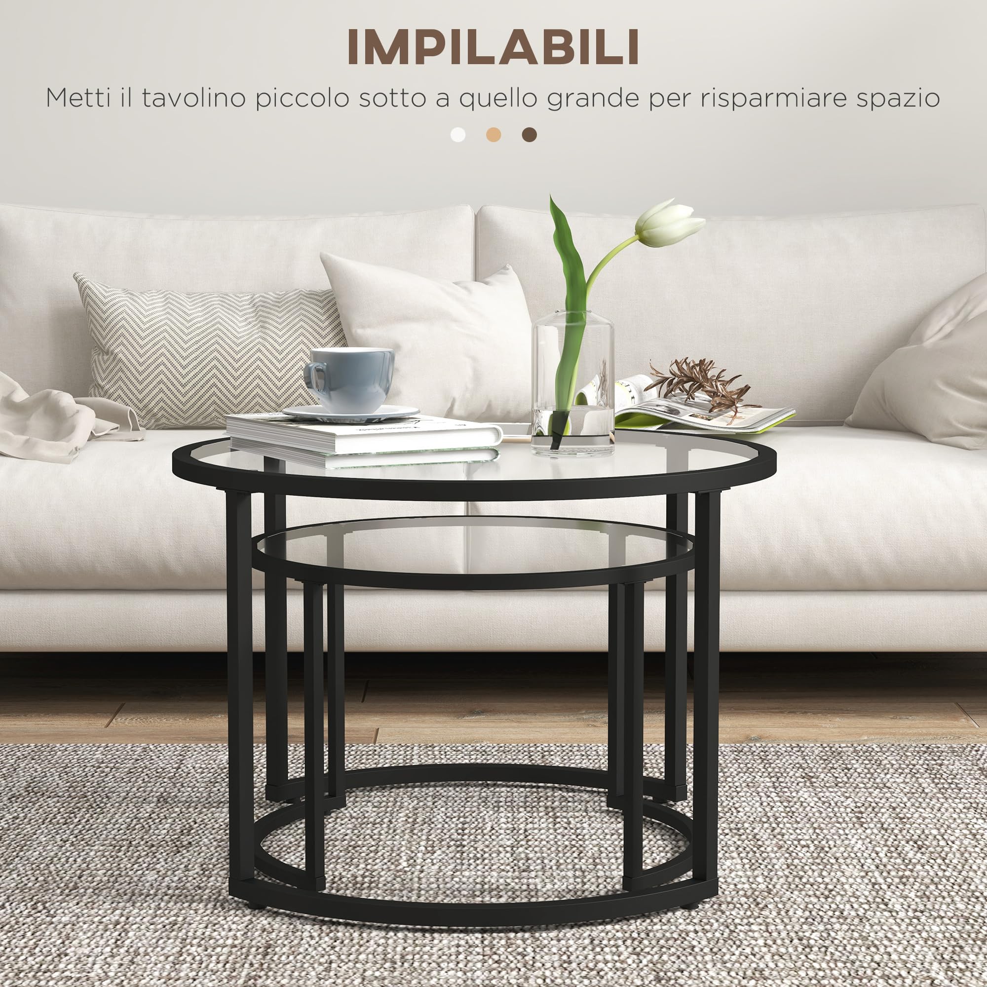 HOMCOM Set di 2 Tavolini da Caffè Impilabili Ø70x47.5cm e Ø54x42.5cm Nero | Sovrapponibili, Tavolini Bassi Rotondi da Salotto, Vetro Temperato e Acciaio, per Soggiorno Camera e Ufficio