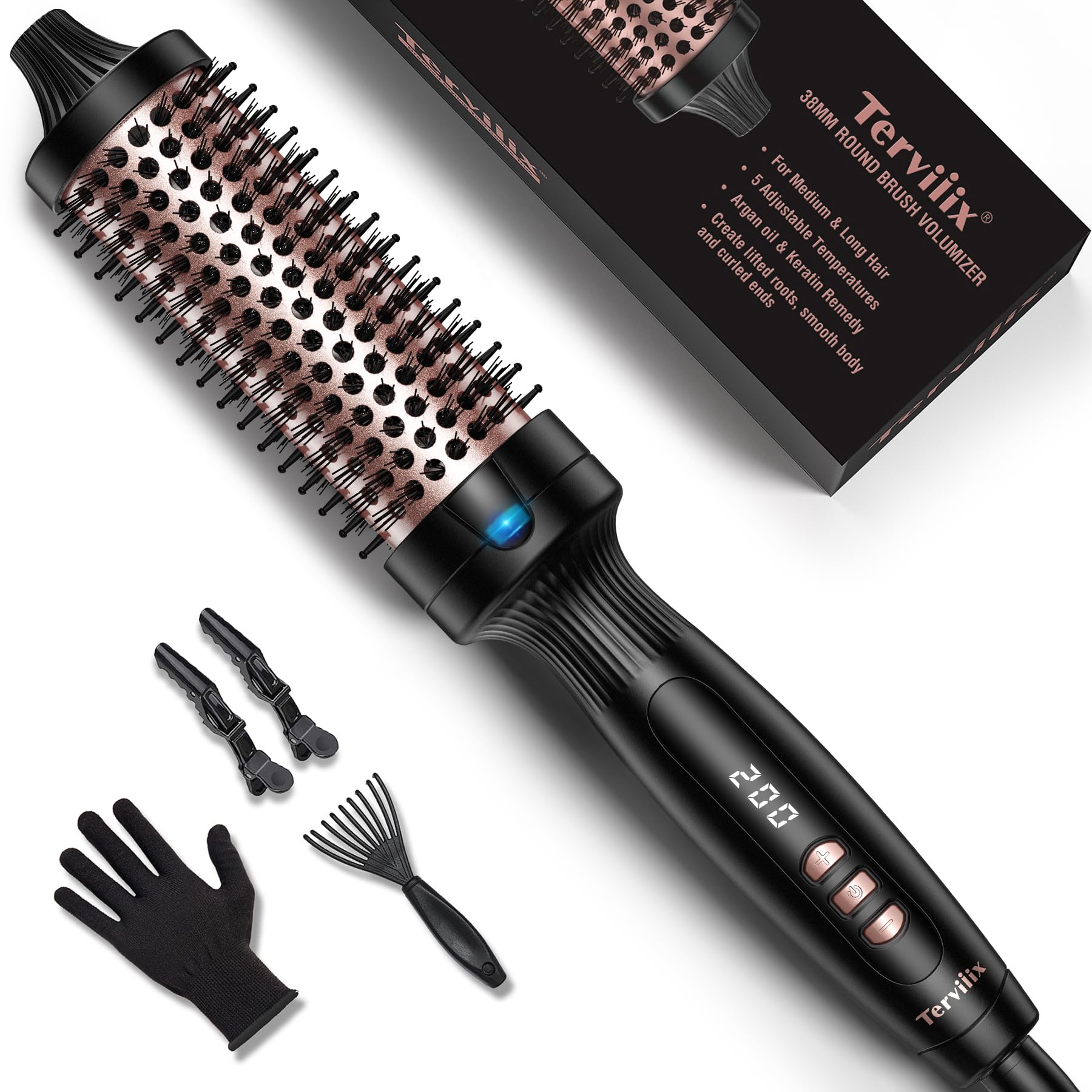 Terviiix Fer à boucler à brosse thermique, 38MM Thermal Brush, Tourmaline céramique ionique, double MCH, affichage digital 5 températures, double voltage