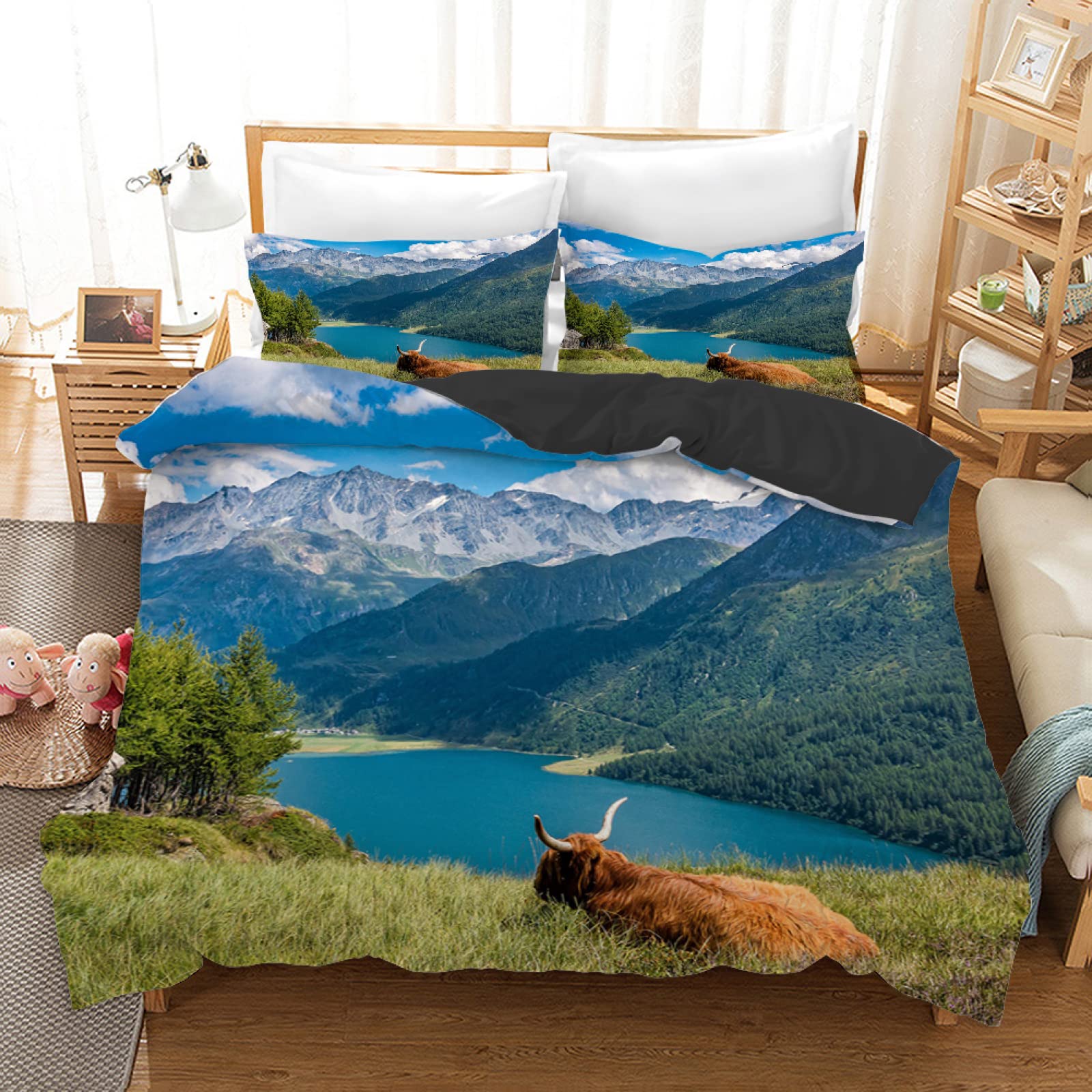 Housse de Couette 90x190 Enfant Montagne Bleue en Microfibre 110g/㎡ avec Taie