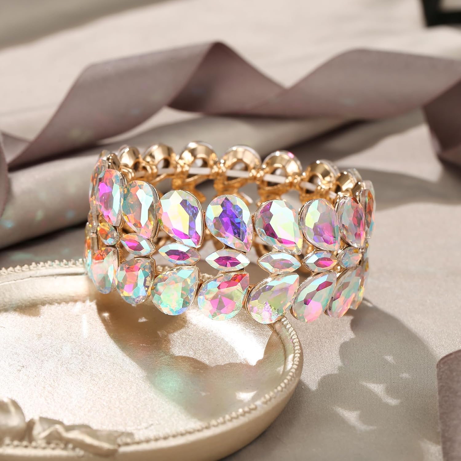 EVER FAITH Elegant Austrian Rhinestones Costume Double Layers Teardrop Marquise Elastic Stretch Bracelet for Women - Image 3