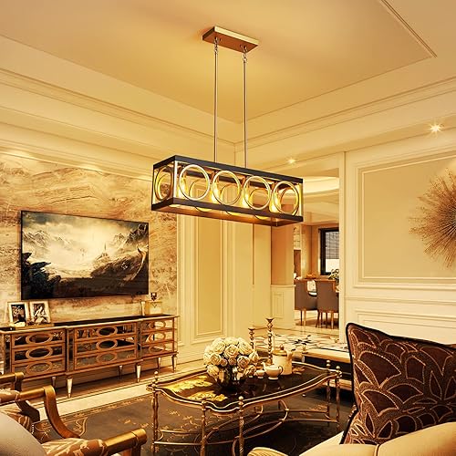 Miniatura 2 de XINGQI Lámpara de araña rectangular moderna, iluminación de isla de cocina de granja, lámpara colgante industrial rústica de 4 luces, colgante