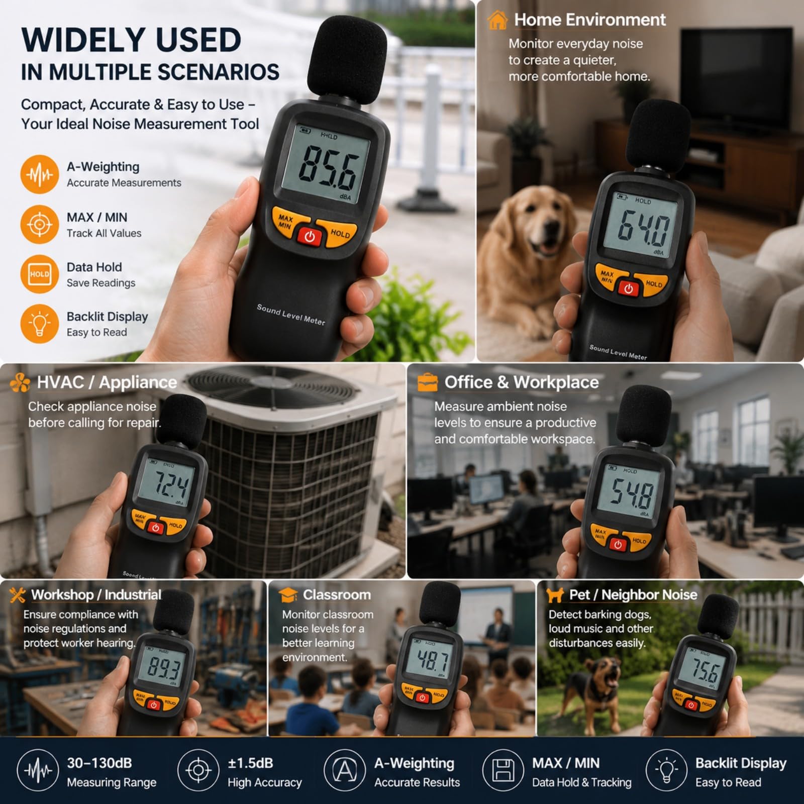 Decibel Meter, Digital Sound Level Meter 30-130dB A-Weighted — Amazon image 5
