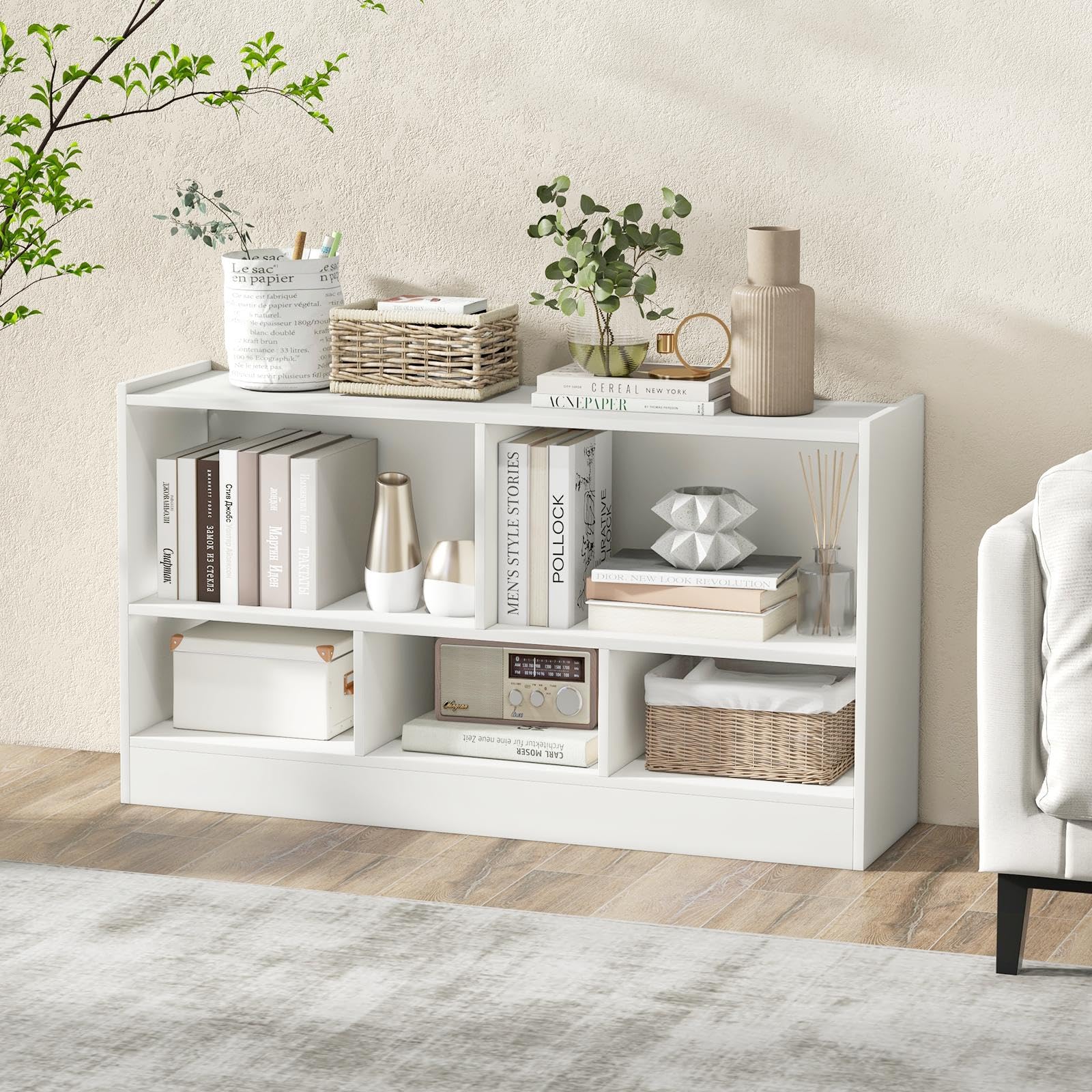 KOMFOTTEU Libreria Aperta, 5 Armadietti di 2 diverse dimensioni, mobile portaoggetti in legno con gambe antiscivolo, per libri e giocattoli, 111 x 30 x 61,5 cm (Bianco)