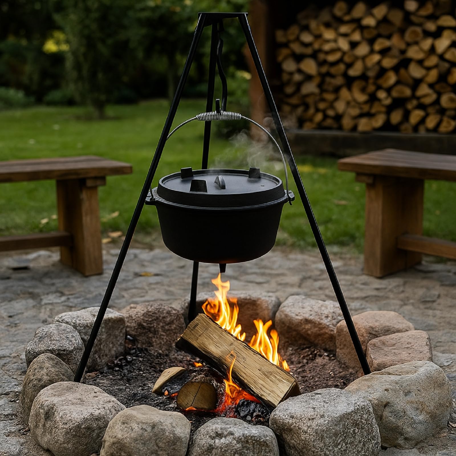 QLS Kociołek żeliwny Dutch Oven 6 L z pokrywą | Masywne żeliwo równomiernie trzyma ciepło. Do zup, gulaszy i duszenia na grillu, żarze lub ognisku