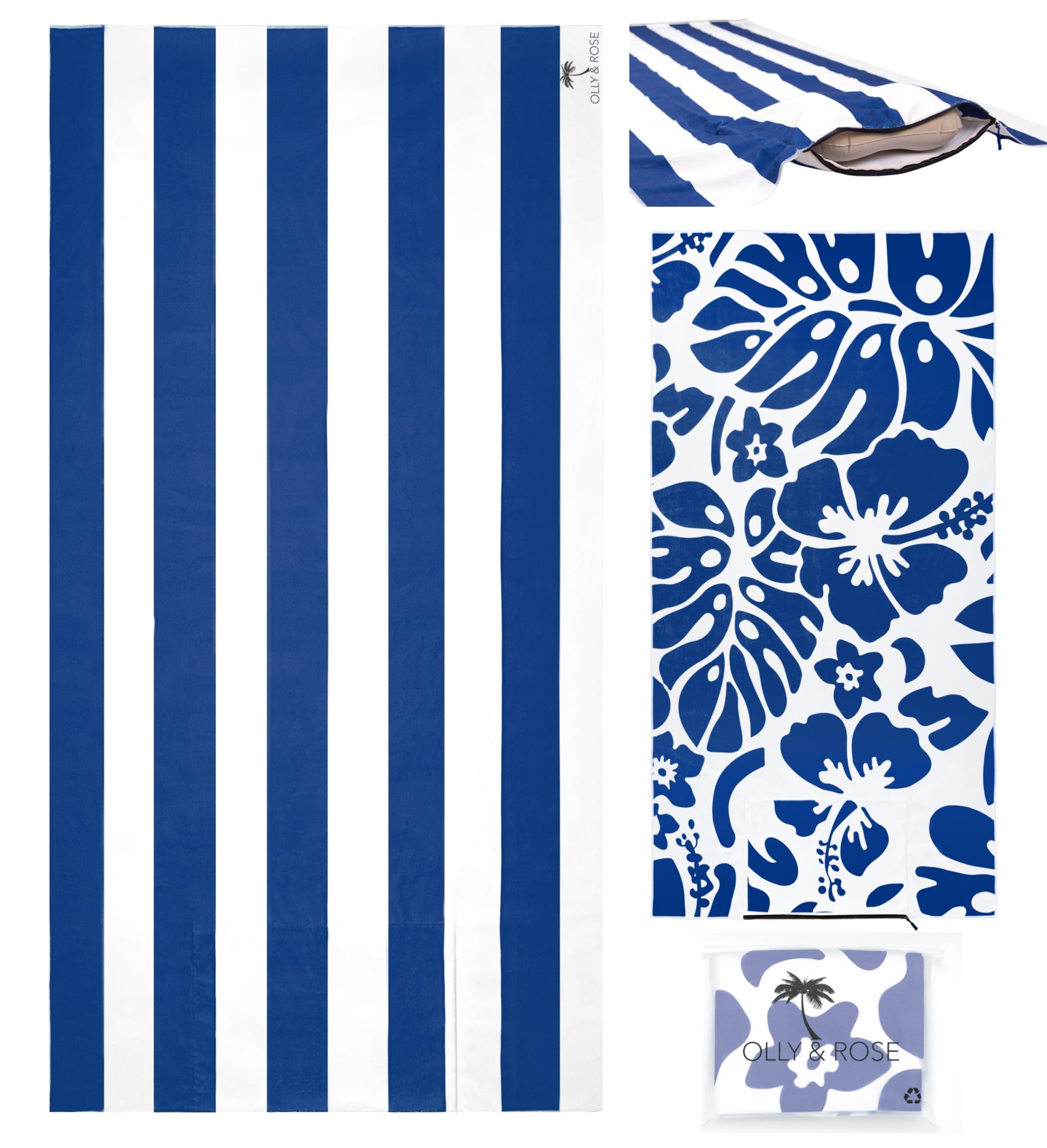 Olly & Rose Luxury Microfibre Extra Large Beach Towel with Zip Pocket and Inflatable Pillow and Reversible Pattern 100 x 200cm Blue