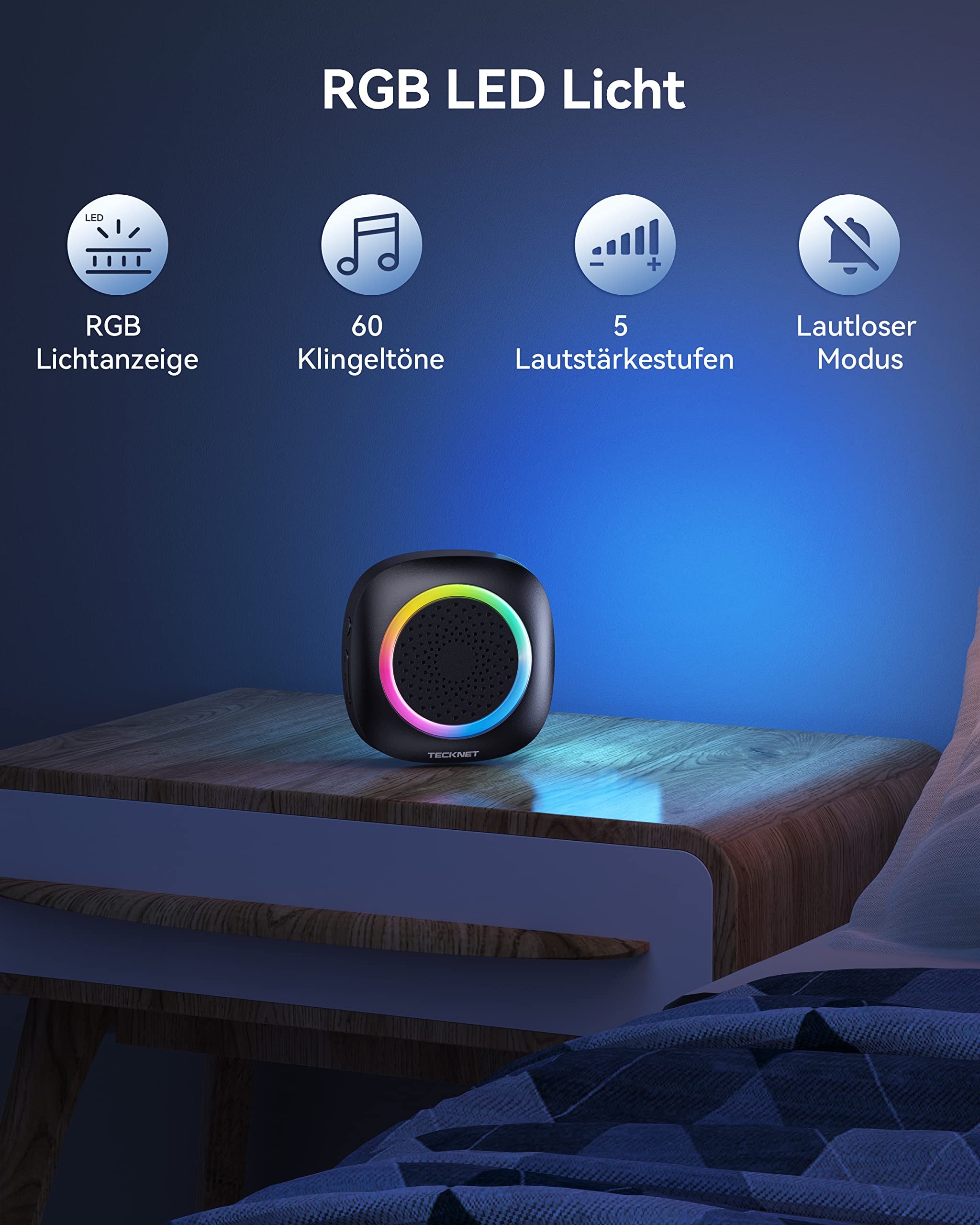 TECKNET Funkklingel, Funkklingel Aussen Wasserdicht 2 Empfänger Mit RGB Licht, 60 Melodien, IP66 Funk Klingel Set, 400m Kabellose Türklingel Batteriebetrieben Kit mit 4,5 Jahre Lebensdauer