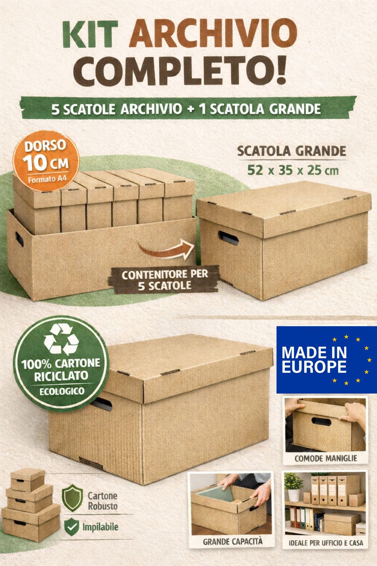 Generico Set 5 Scatole Archivio in Cartone Riciclato + 1 Scatola Grande 52x35x25 cm | Dorso 10 cm | Con Maniglie e Coperchio | Resistenti Impilabili Ecologiche | Ideali per Ufficio e Casa