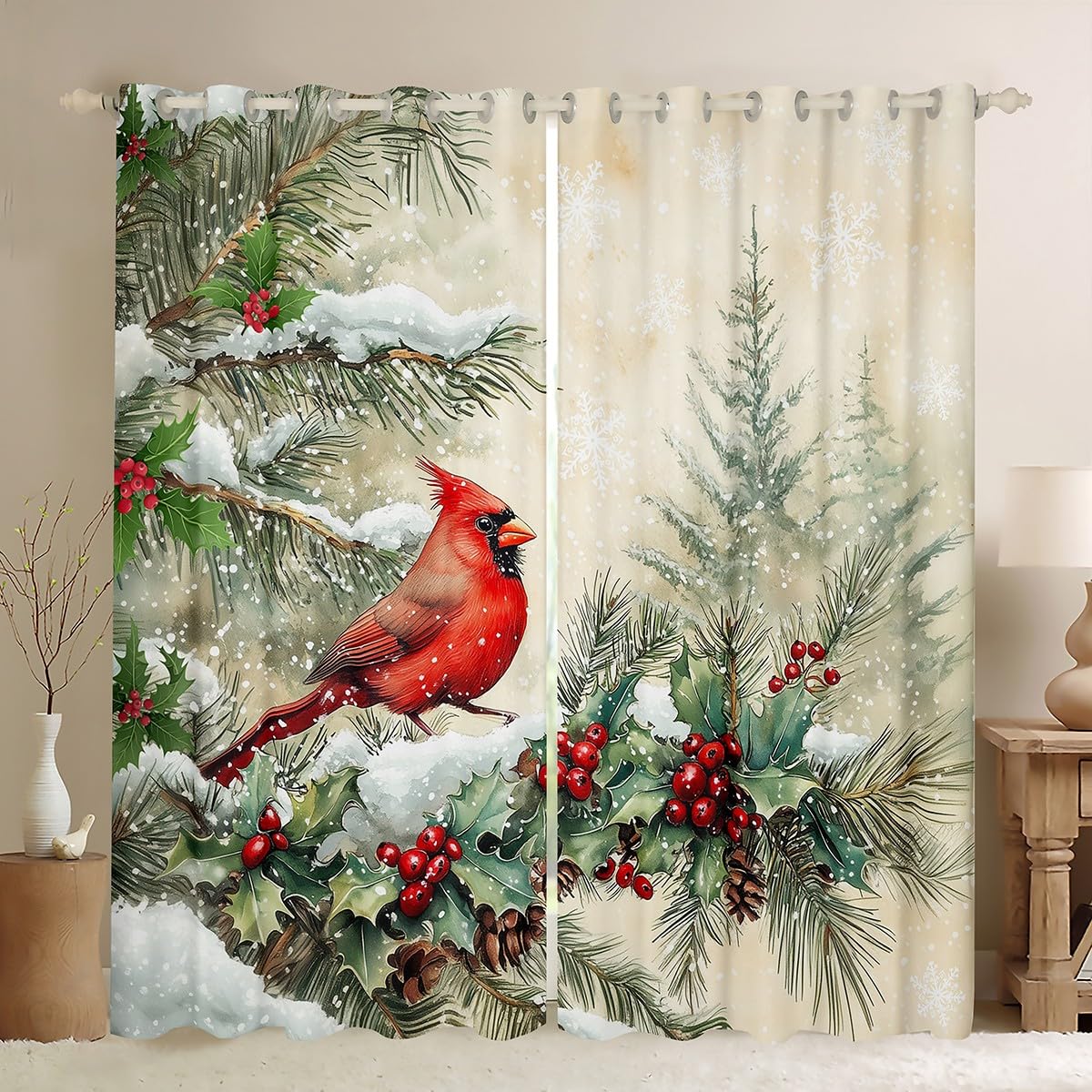 feelingyou Christmas Cardinal Curtains for Windows,Xmas Red Bird Berry Watercolor Curtains for Living Room,Green Pine Leaves Blackout Drapes 2 Panel Sets,66x90L