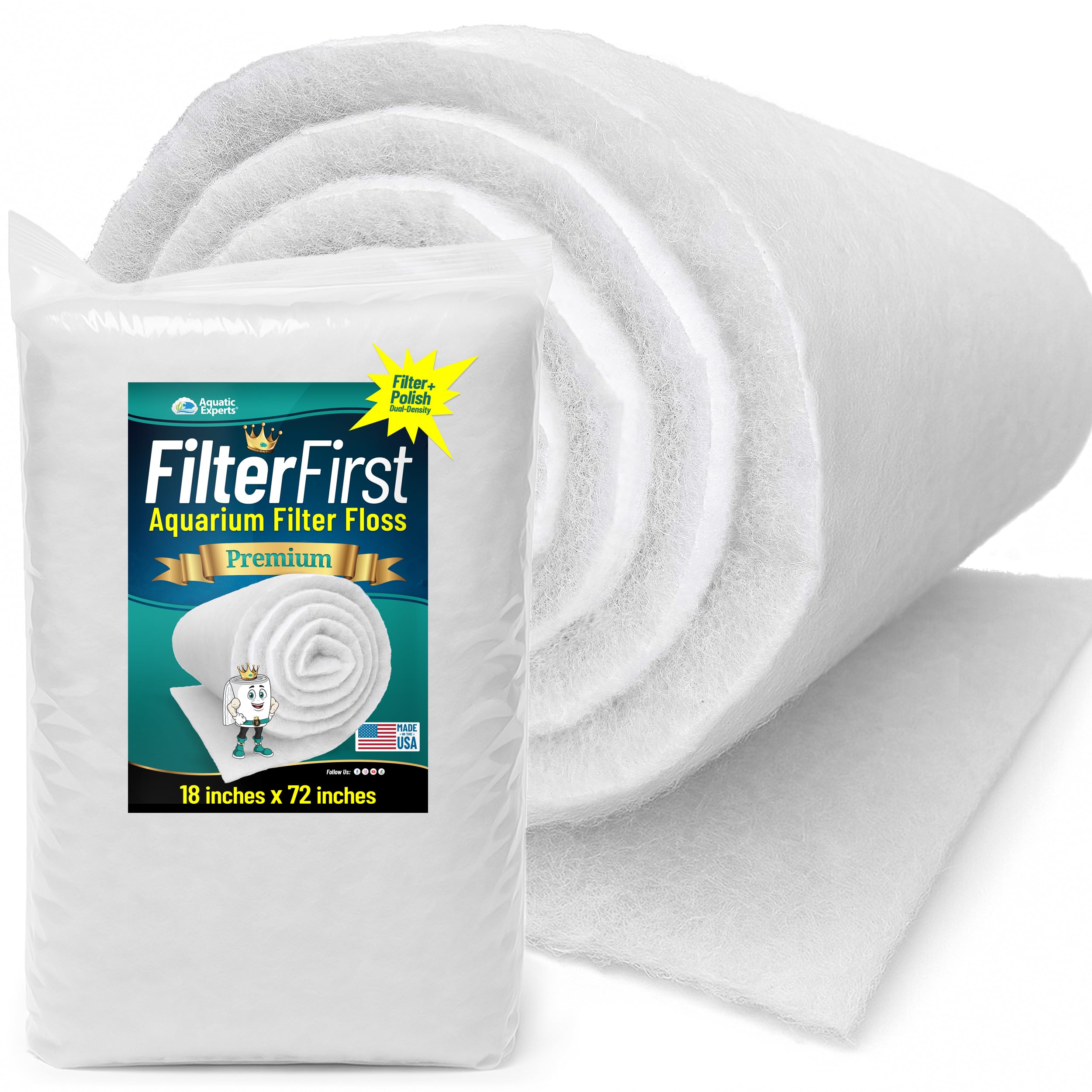 Aquatic Experts Aquarium Filter Floss for Fish Tank Filters - FilterFirst Aquarium Filter Pad - Aquarium Filter Media Roll for Crystal Clear Water, 3/4" - 1" Thick (18 Inch Wide, 72 Inch Long)