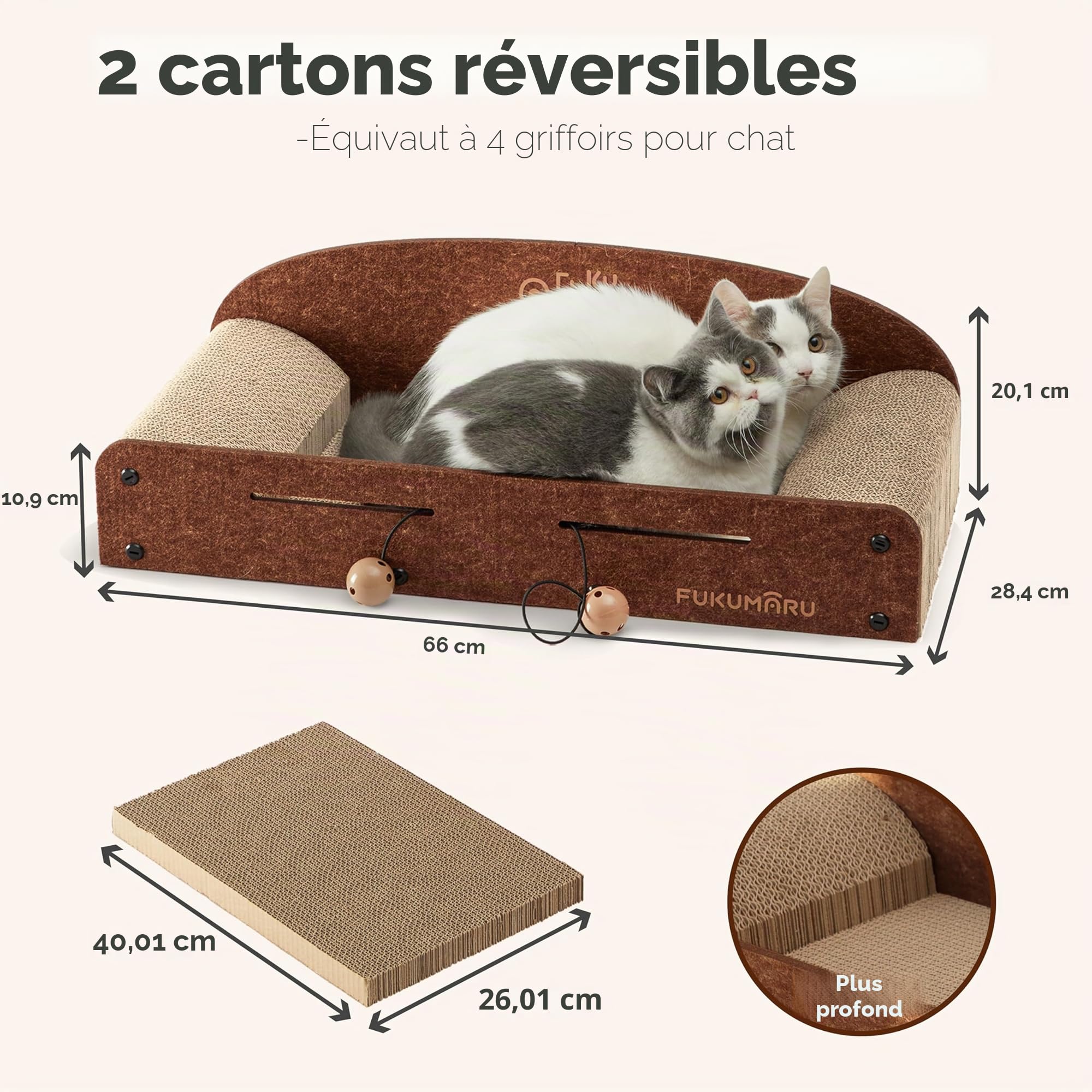 FUKUMARU Grattoir pour Chat de 66 cm en Carton Durable, Grande Chaise Longue, Meubles pour Chat, 2 Griffoirs Réversibles pour Chats d'Intérieur, Lit Recyclable en Carton avec Balle Cloche