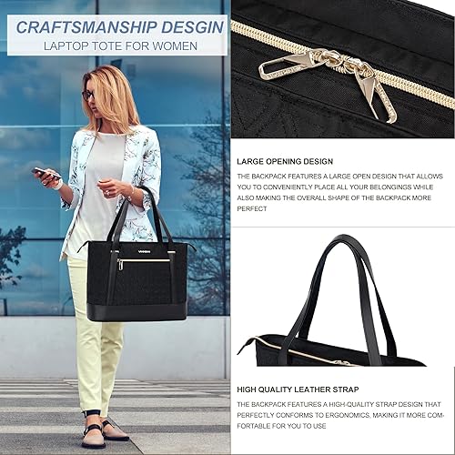 Miniatura 6 de VANKEAN Bolsa para laptop para mujer, bolsa de trabajo de 15.6 pulgadas, bolsa de hombro impermeable para computadora con puerto USB, bolsa grande