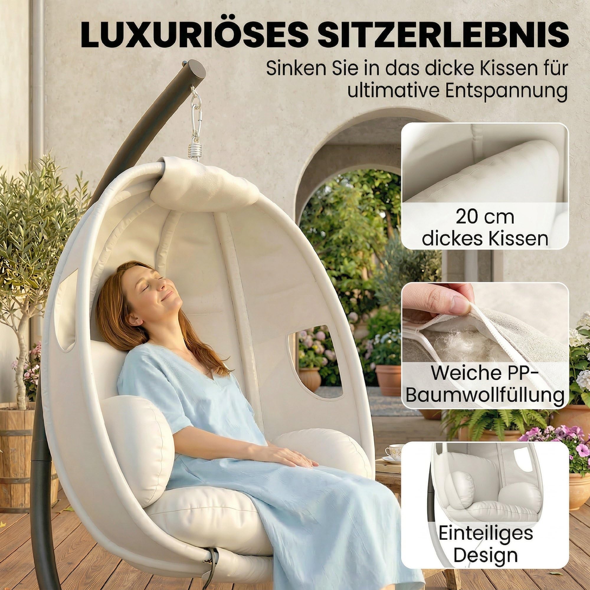 Outsunny Hängesessel mit Gestell Faltbarer Hängekorb 120 kg Hellgrau | Dicke Sitzpolster, Verstellbare Höhe, Sicherheitsgurt, Eiförmige Hängeschaukel, Schaukelsessel, Indoor Outdoor Garten