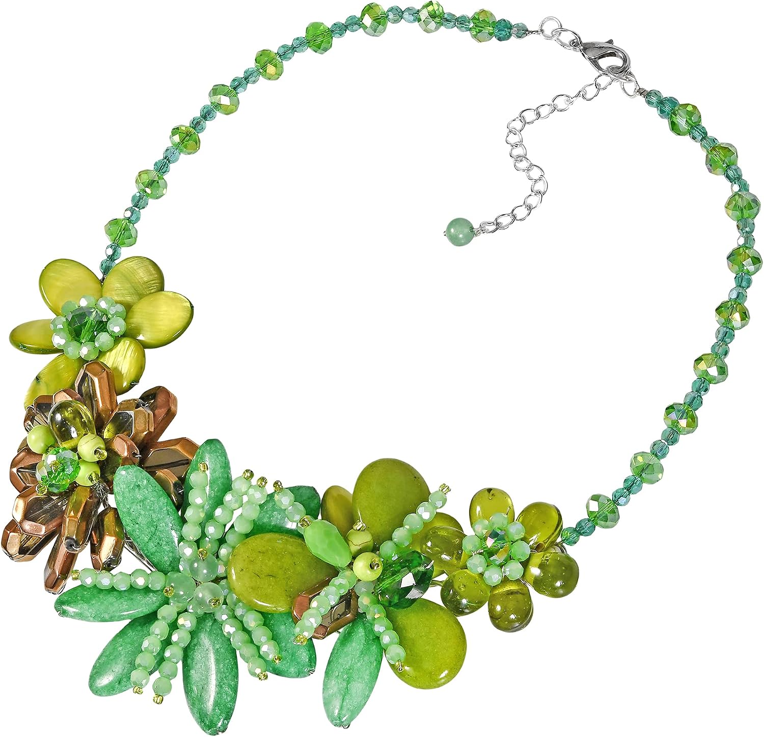AeraVida Elegant Green Forest Garden Mixed Stone, Seashell, and Crystal Floral Necklace | Handmade Flower Collar Necklace | Boho Jewelry | Gift for HER