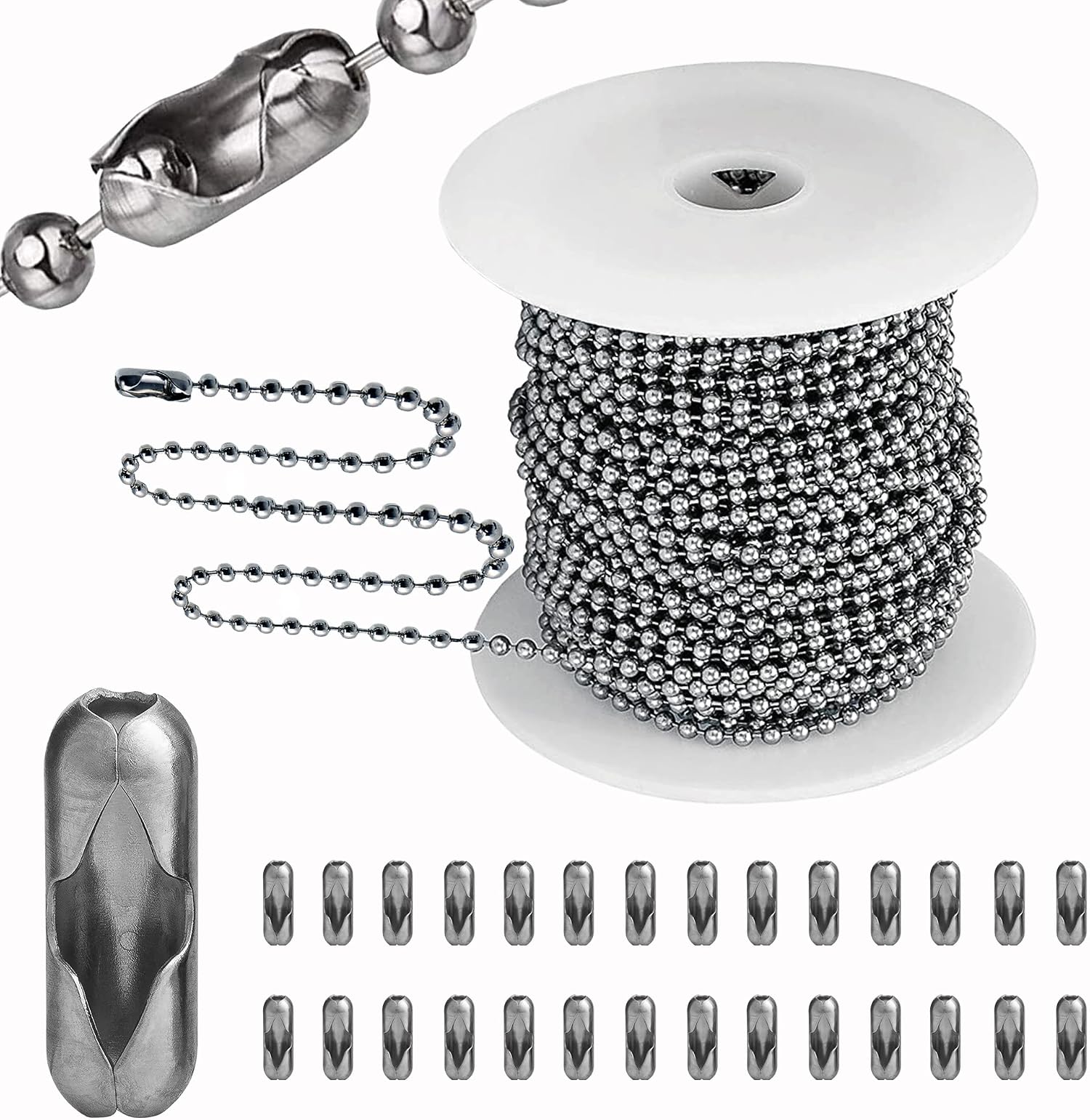 YZDTECH Ball Bead Chain, 55ft Stainless Steel Chain Ball Chain Necklace Bulk with 100 Pieces Matching Connectors Clasps for Jewelry Making, Necklace Hanging, Dog Tag, DIY Crafts