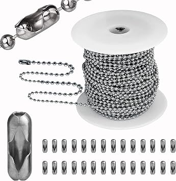 YZDTECH Ball Bead Chain, 55ft Stainless Steel Chain Ball Chain Necklace Bulk with 100 Pieces Matching Connectors Clasps for Jewelry Making, Necklace Hanging, Dog Tag, DIY Crafts