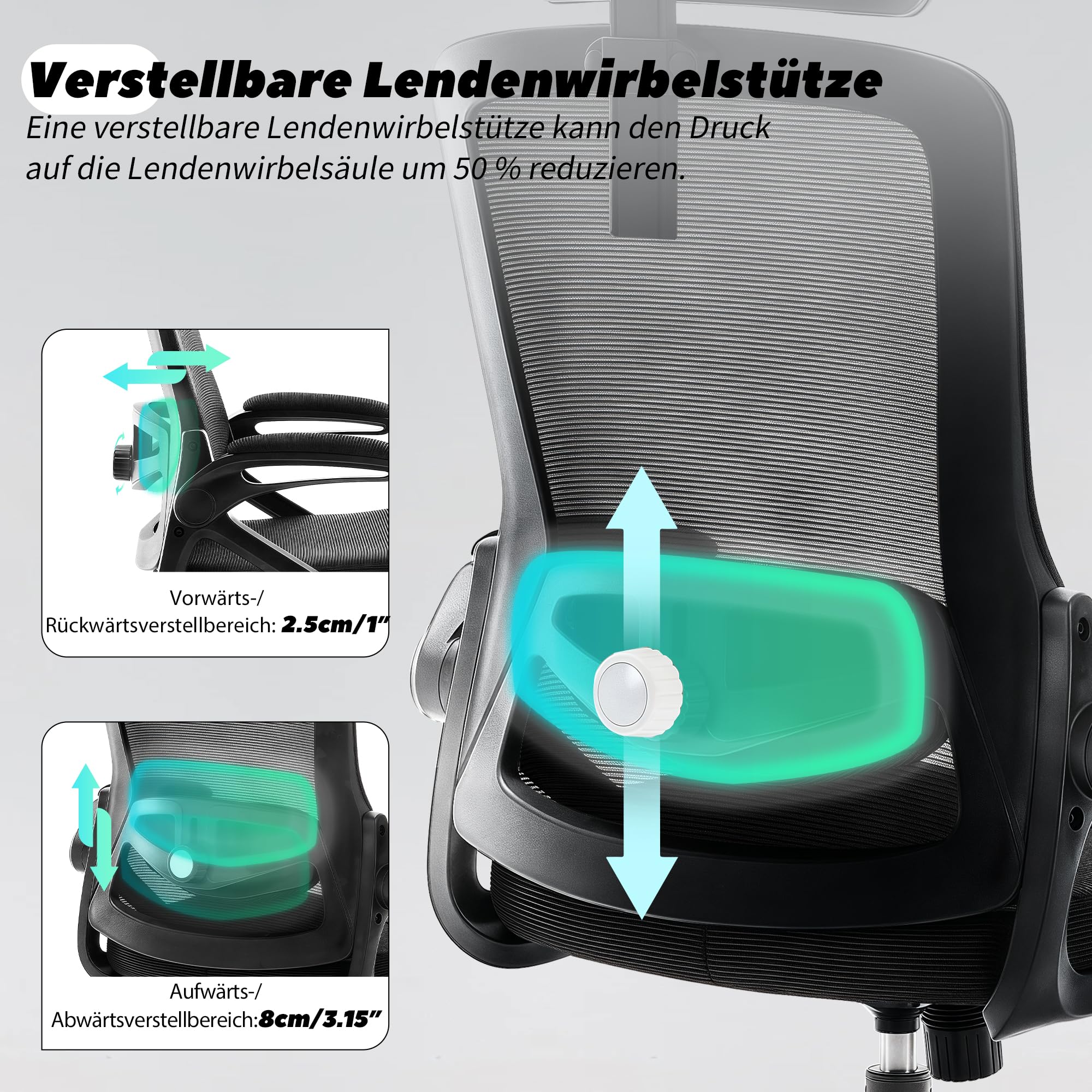 Fizzin Schwarz Ergonomischer Bürostuhl Gaming Stuhl 180kg | Atmungsaktiver Mesh Schreibtischstuhl mit Verstellbarer Lendenstütze & Kopfstütze für Büro & Home Office