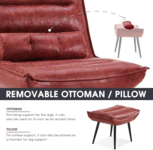 Miniatura 6 de MCombo Wingback - Silla decorativa con otomana, moderna tela bronceadora tapizada para espacios pequeños, sala de estar 4400 (borgoña)