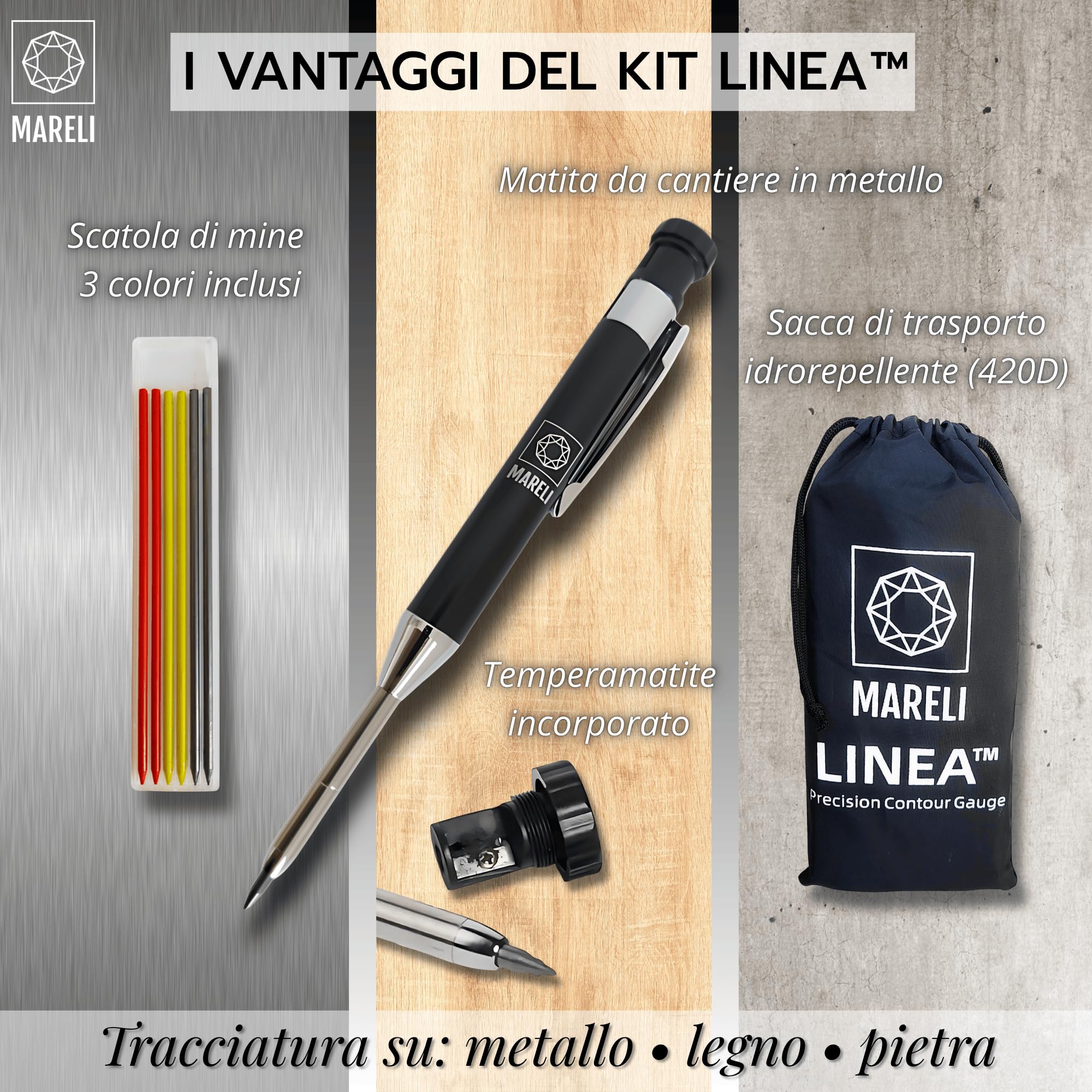 LINEA Replicatore di Contorno 13+25 cm collegabile all’infinito con blocco profilo – Kit con matita, mine, sacca e scatola – Per tracciatura e taglio legno, piastrelle, parquet – Idea regalo fai-da-te