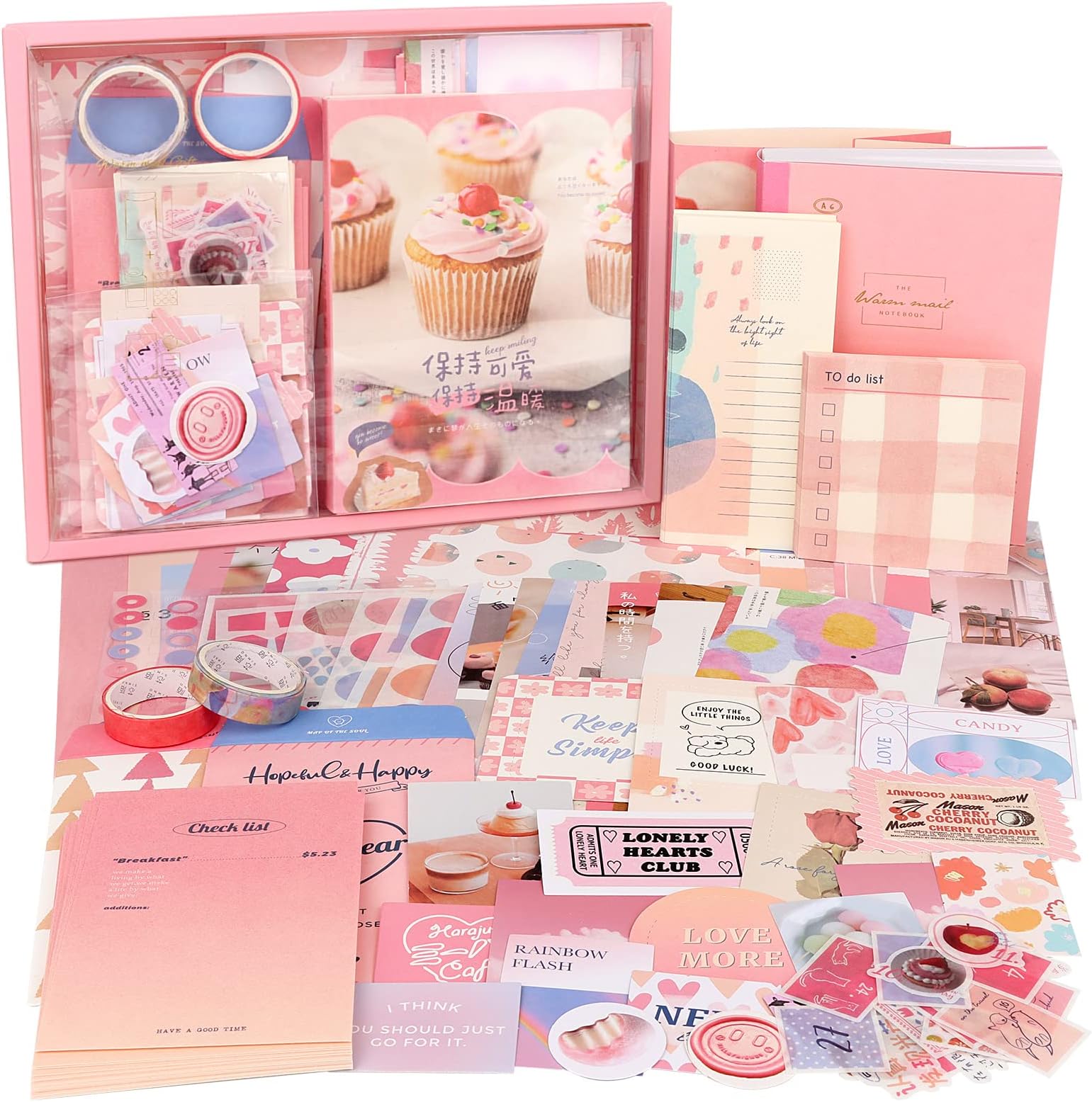 Draupnir Paper Pink Cute Kawaii Aesthetic Scrapbook Kit(348Pcs),Bullet Junk Journal Kit With Journaling/Scrapbooking Supplies,Stationery,A6 Grid Notebook With Graph Ruled Pages Diy Gift For Teen Girl