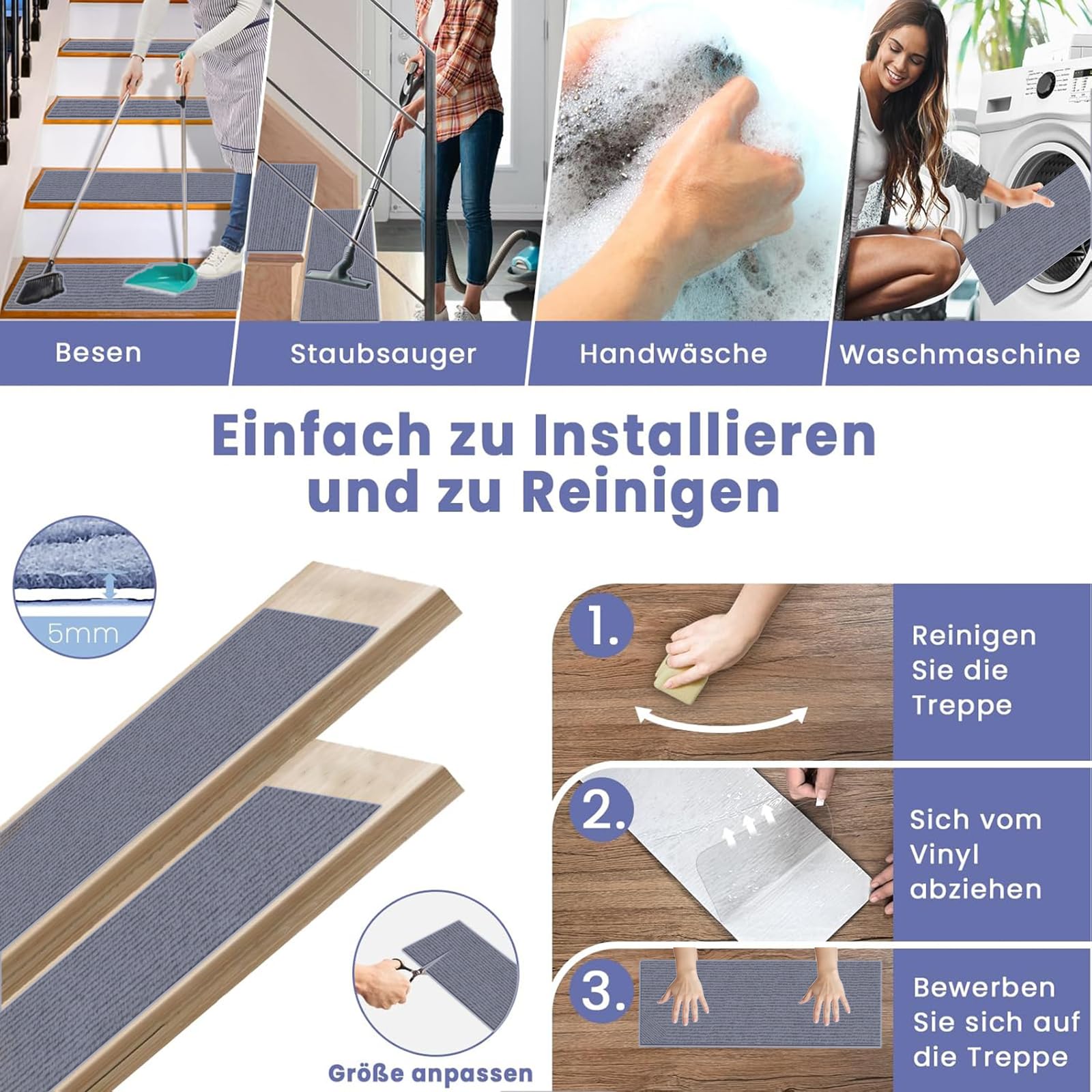 Juego de 5 alfombrillas antideslizantes para escaleras, 34 x 48 cm, TPE, reutilizables y cortables, aptas para niños, para escalones seguros, ideal para el hogar y los niños.